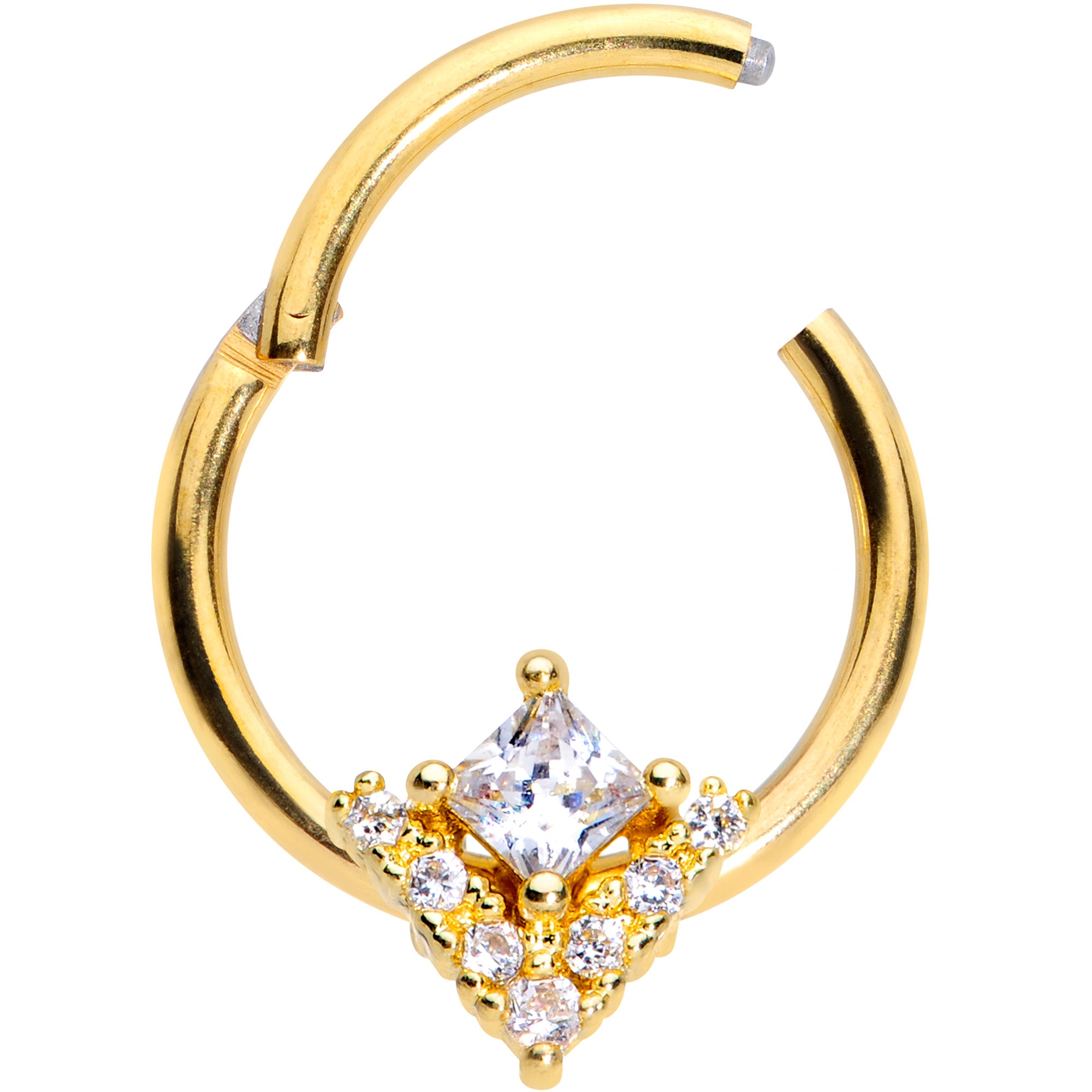 16G 3/8 Clear CZ Gem Gold Tone Vivid Vee Hinged Segment Ring