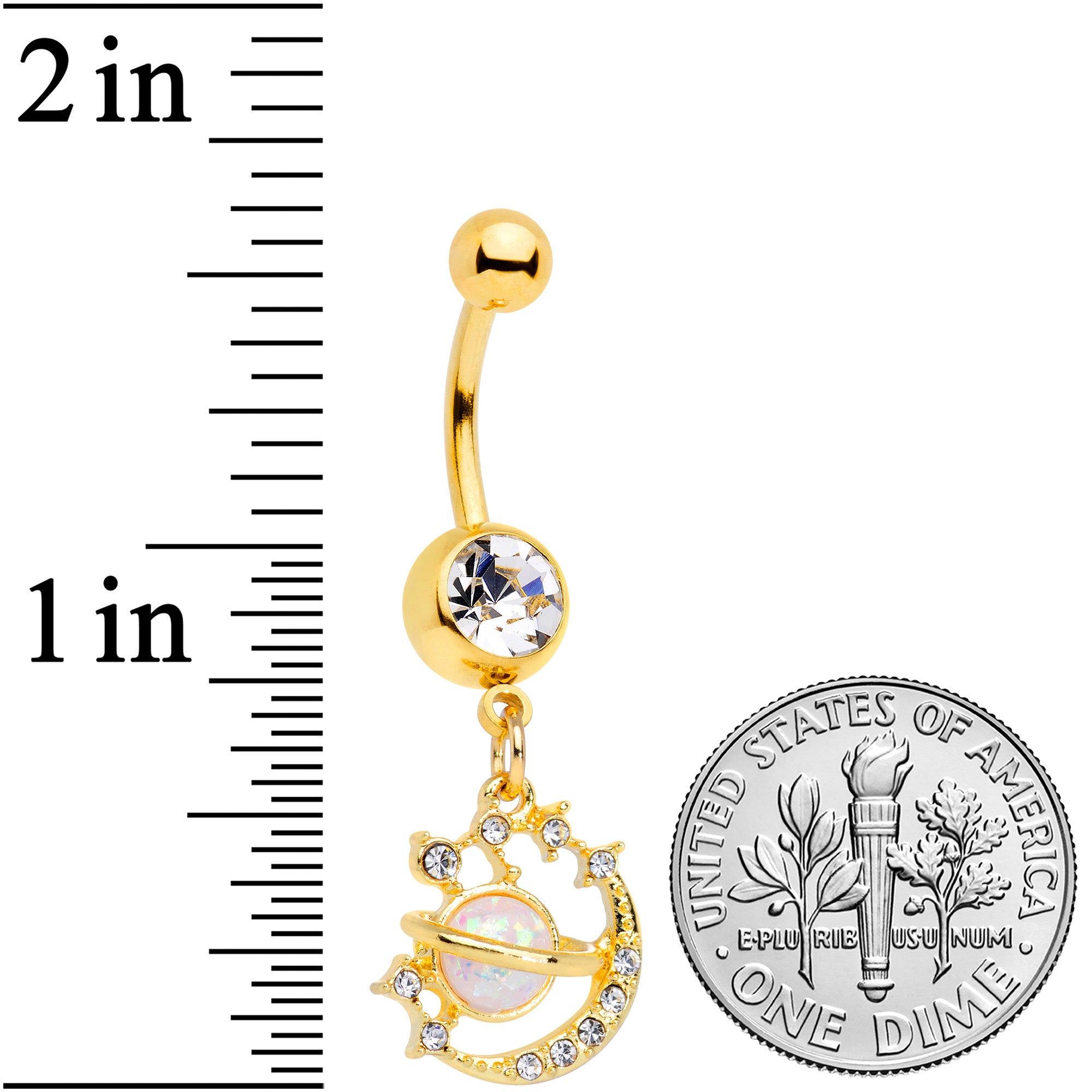 Clear Gem Gold Tone White Faux Opal Saturn Moon Dangle Belly Ring