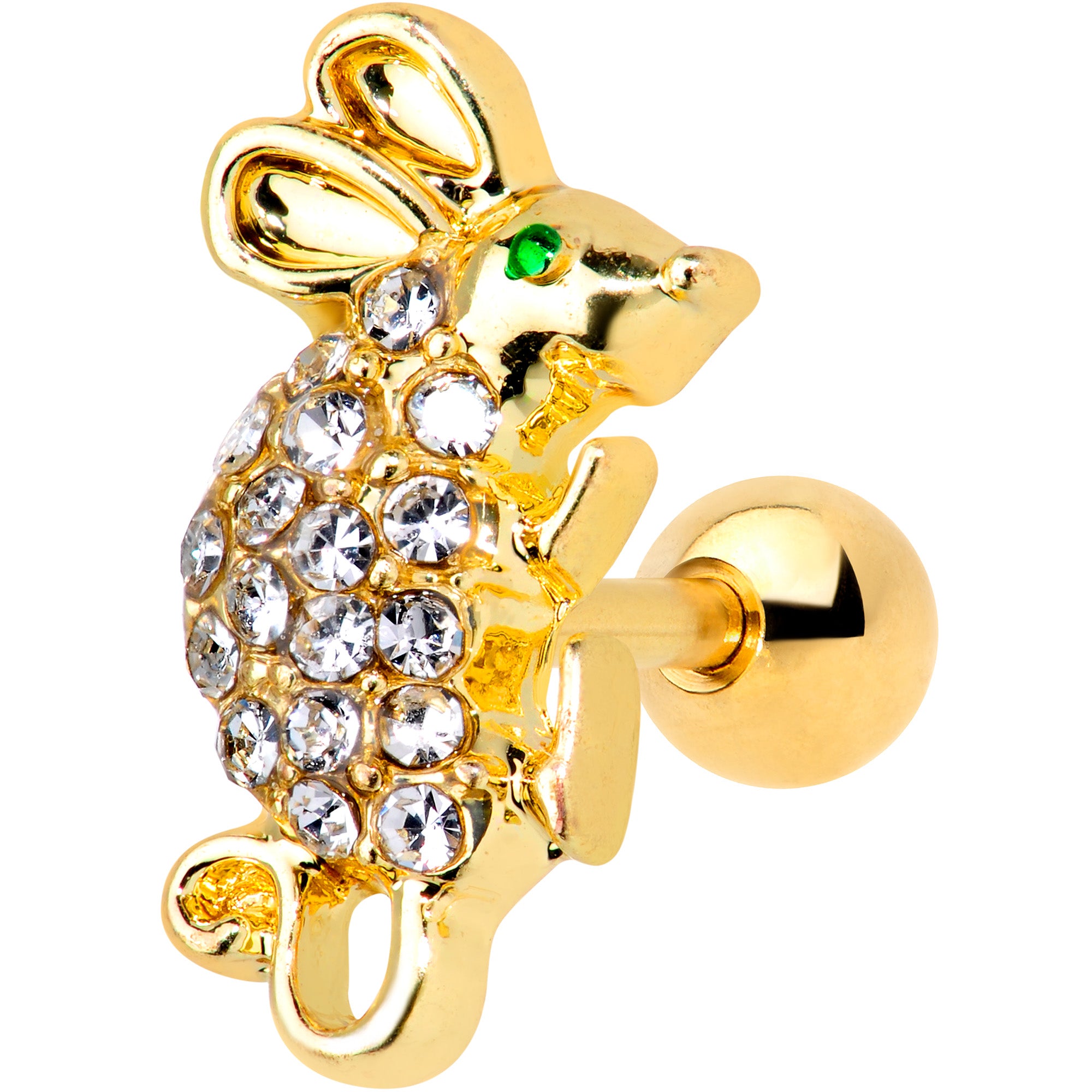 16G 1/4 Clear Gem Gold Tone Mouse Cartilage Tragus Earring