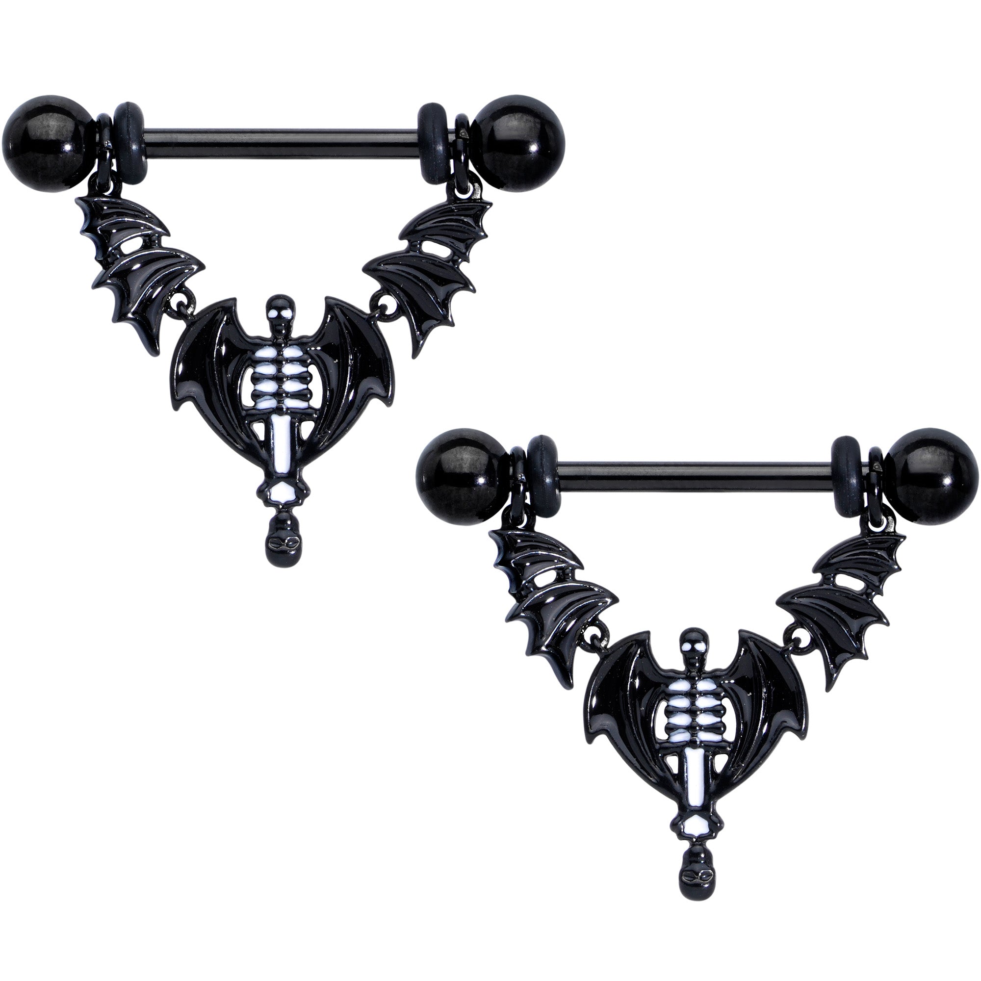14G 9/16 Black Winged Skeleton Halloween Dangle Nipple Ring Set