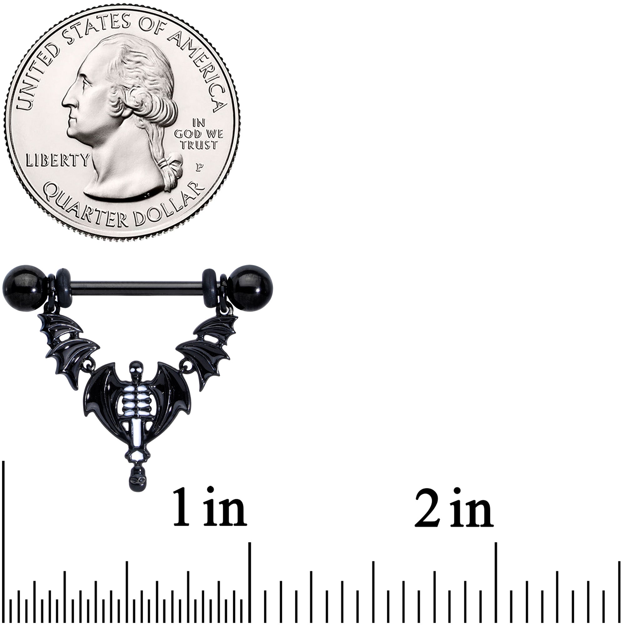 14G 9/16 Black Winged Skeleton Halloween Dangle Nipple Ring Set