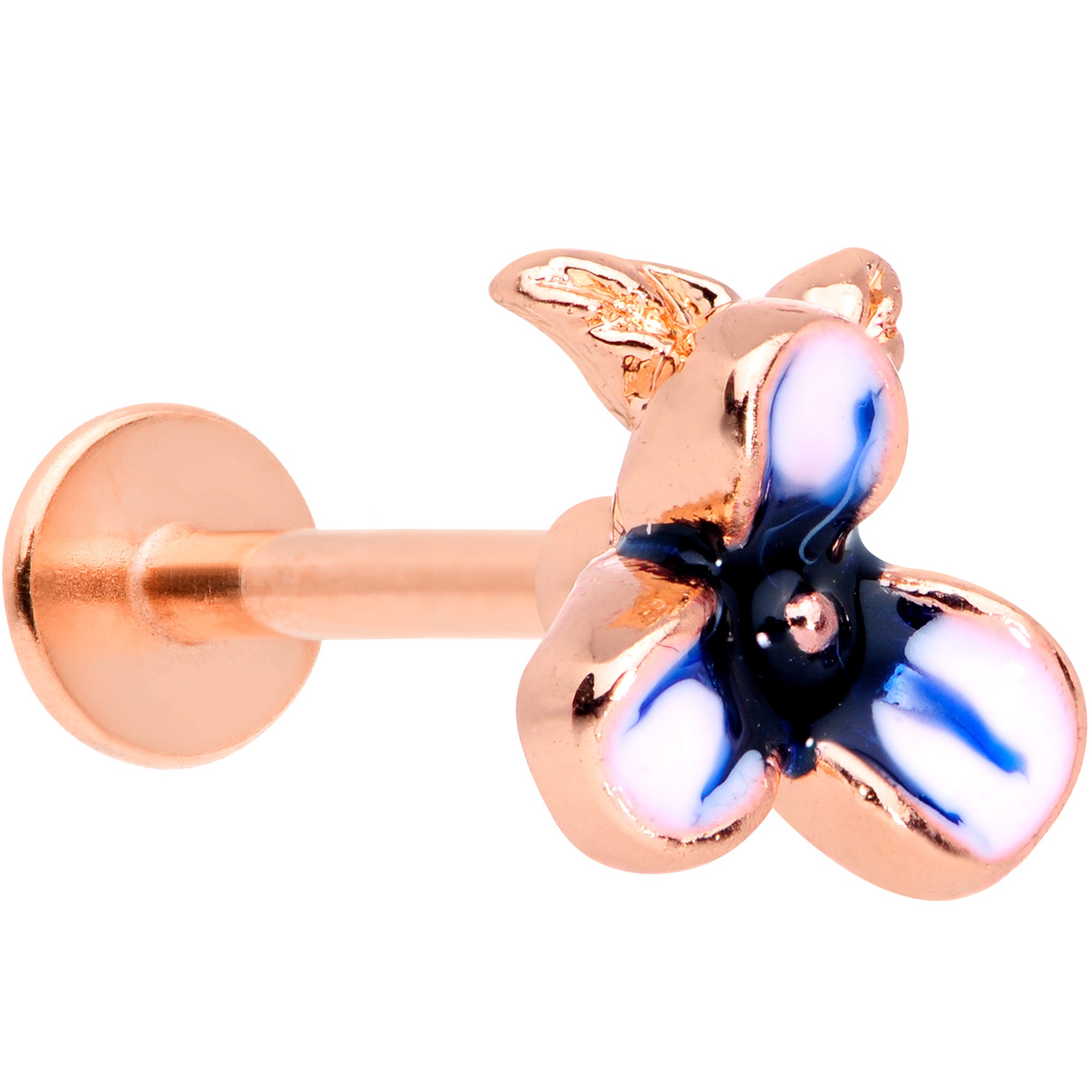 16G 5/16 Rose Gold Tone Blue Tropical Flower Labret Monroe Tragus