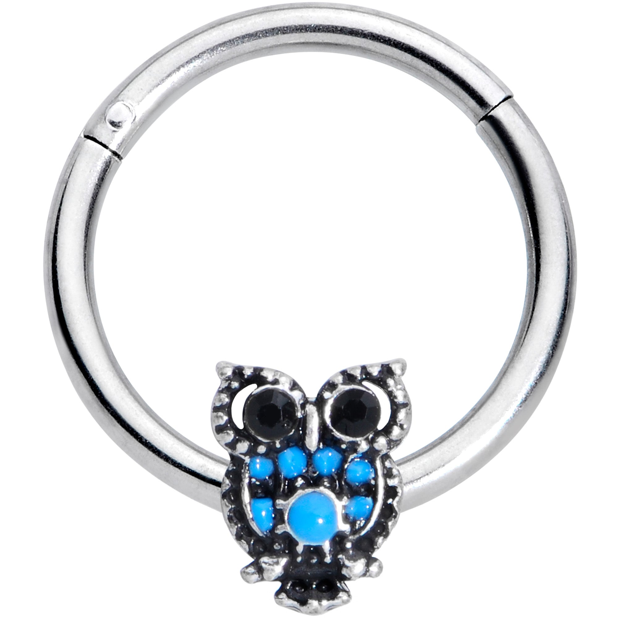 16G 3/8 Black Gem Ornate Blue Owl Hinged Segment Ring