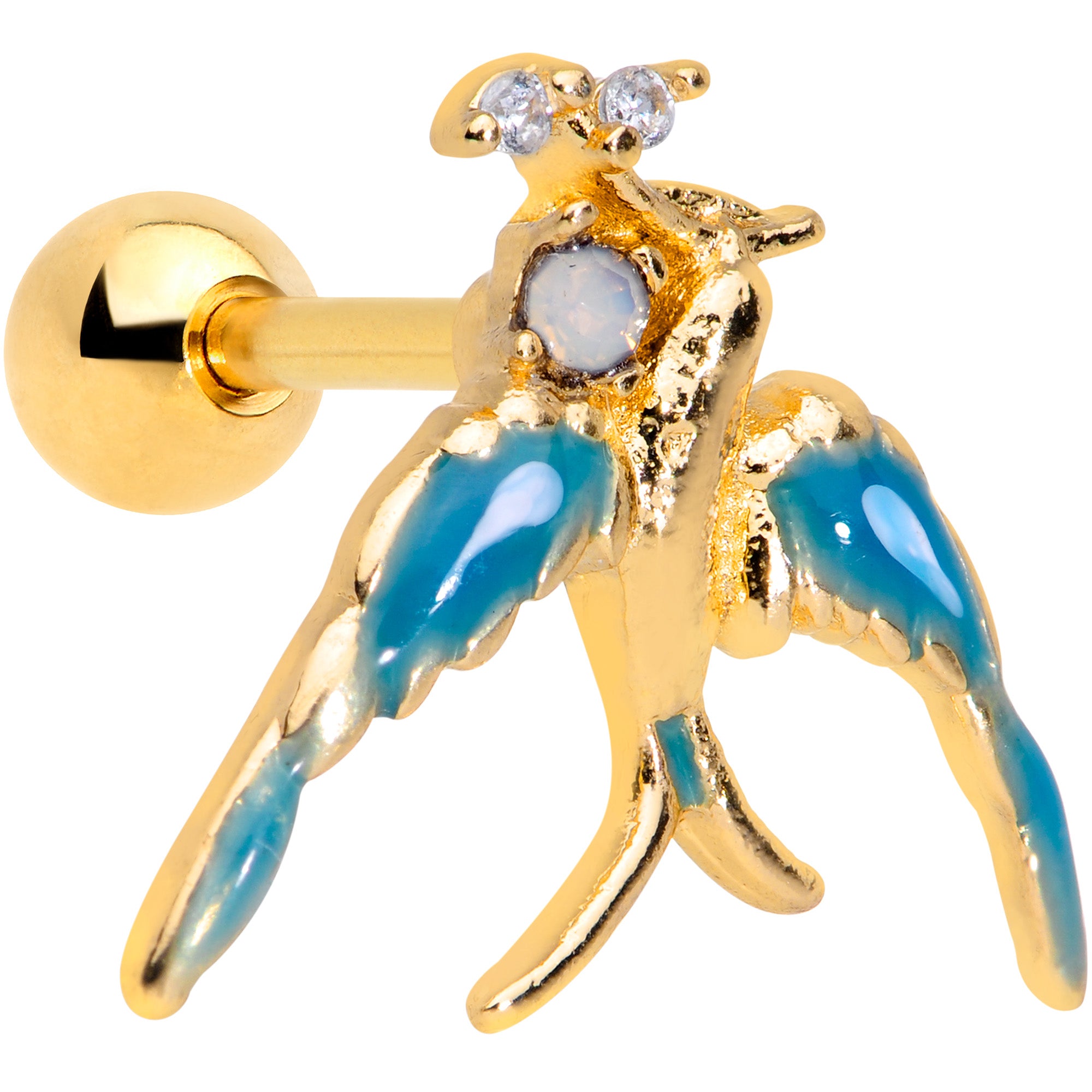 16G 1/4 White Faux Opal Gold Tone Swallow Bird Cartilage Tragus