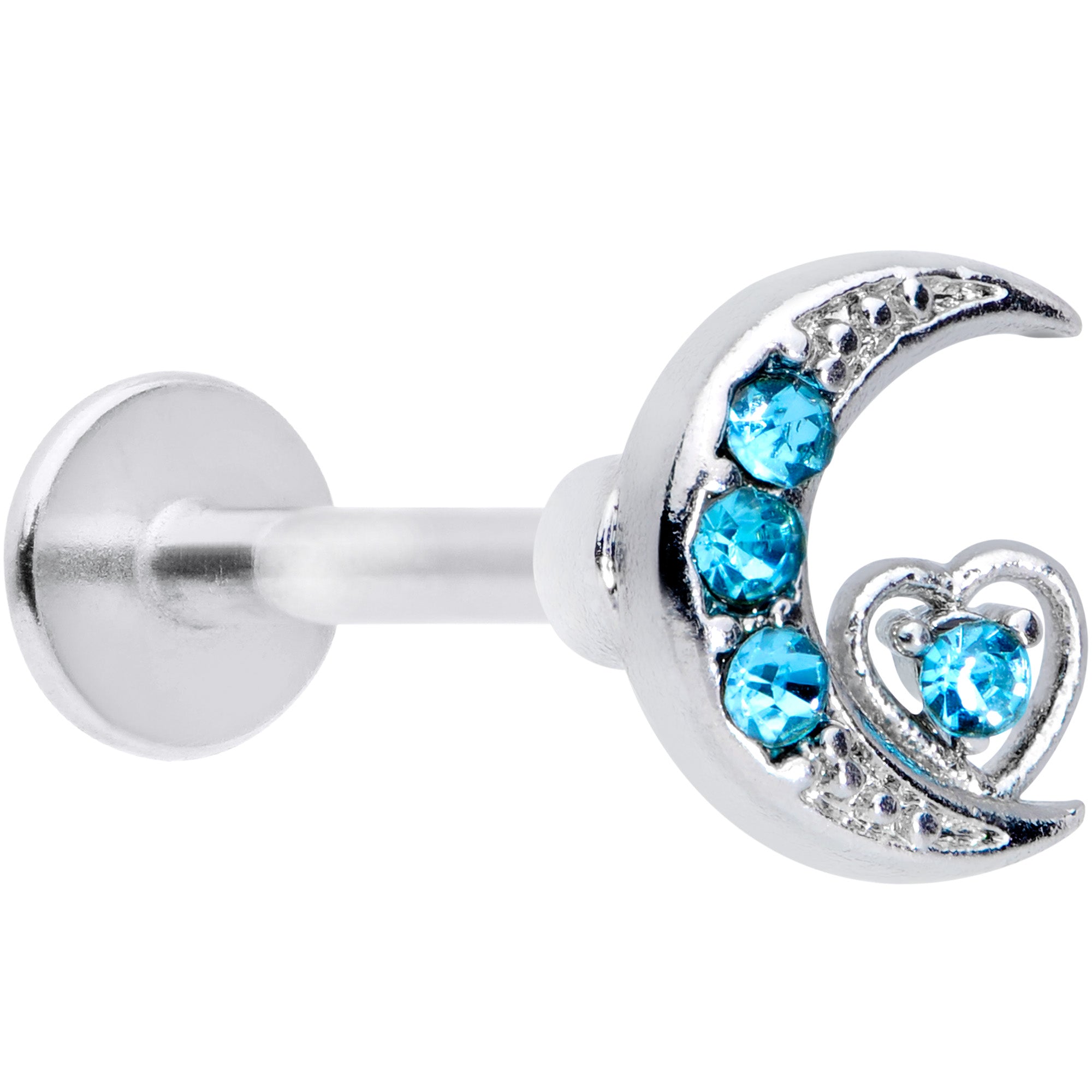 16G 5/16 Aqua CZ Gem Crescent Moon Heart Labret Monroe Tragus