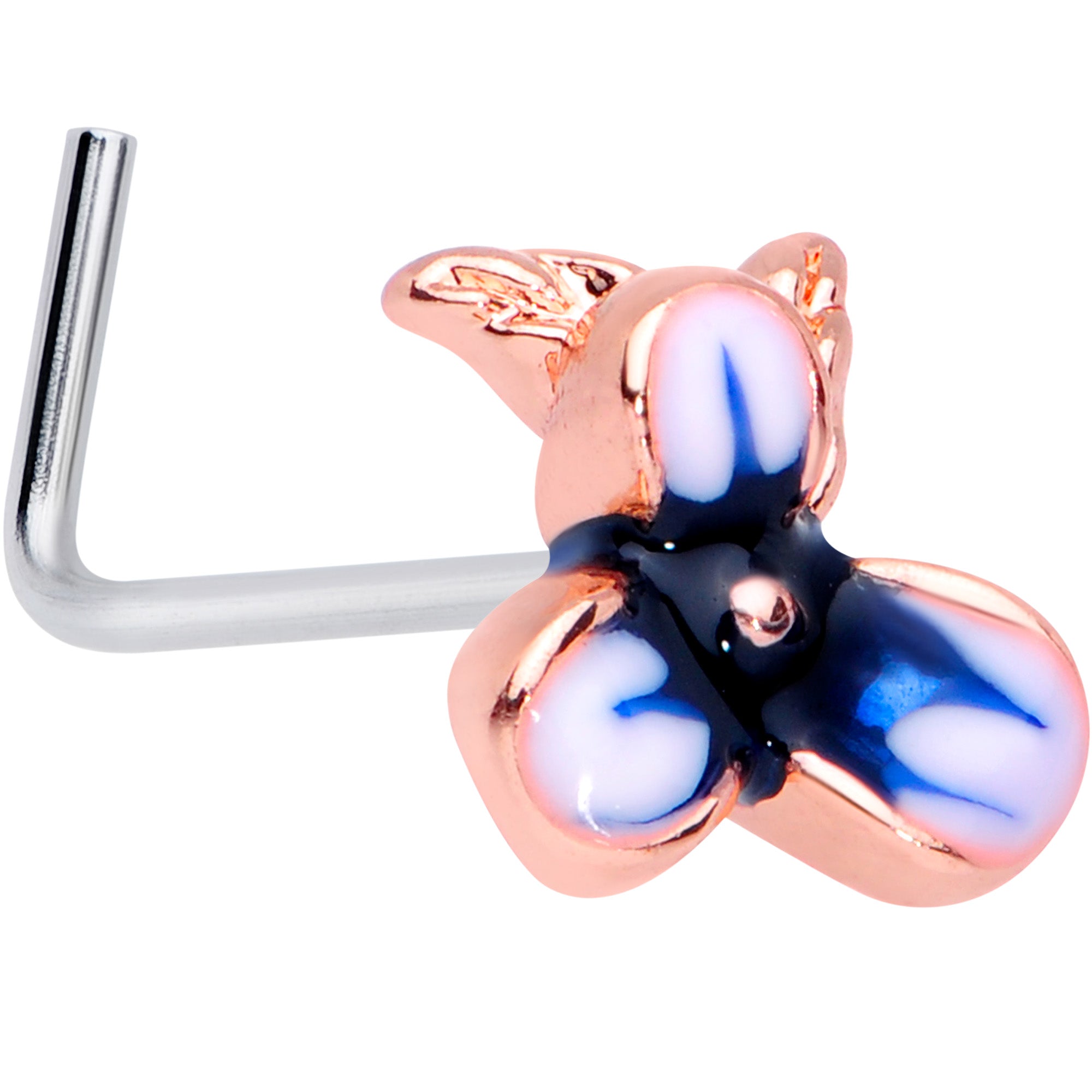 20G 5/16 Rose Gold Tone Blue White Flower L Shaped Nose Ring