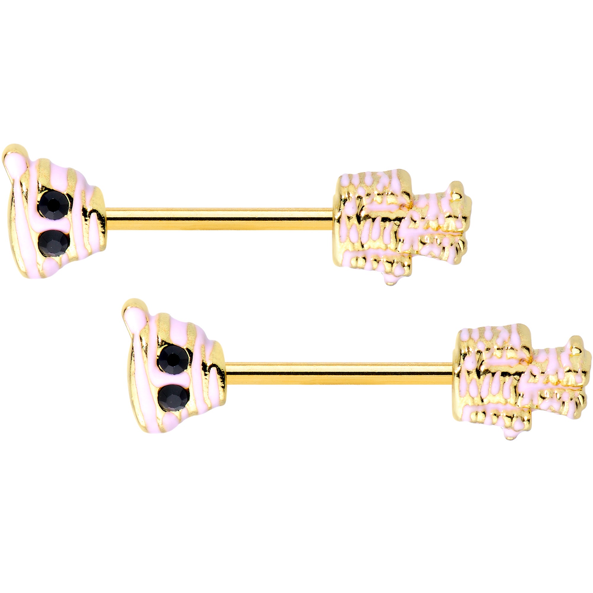 14G 5/8 Black Gem Gold Tone Mummy Halloween Nipple Ring Set