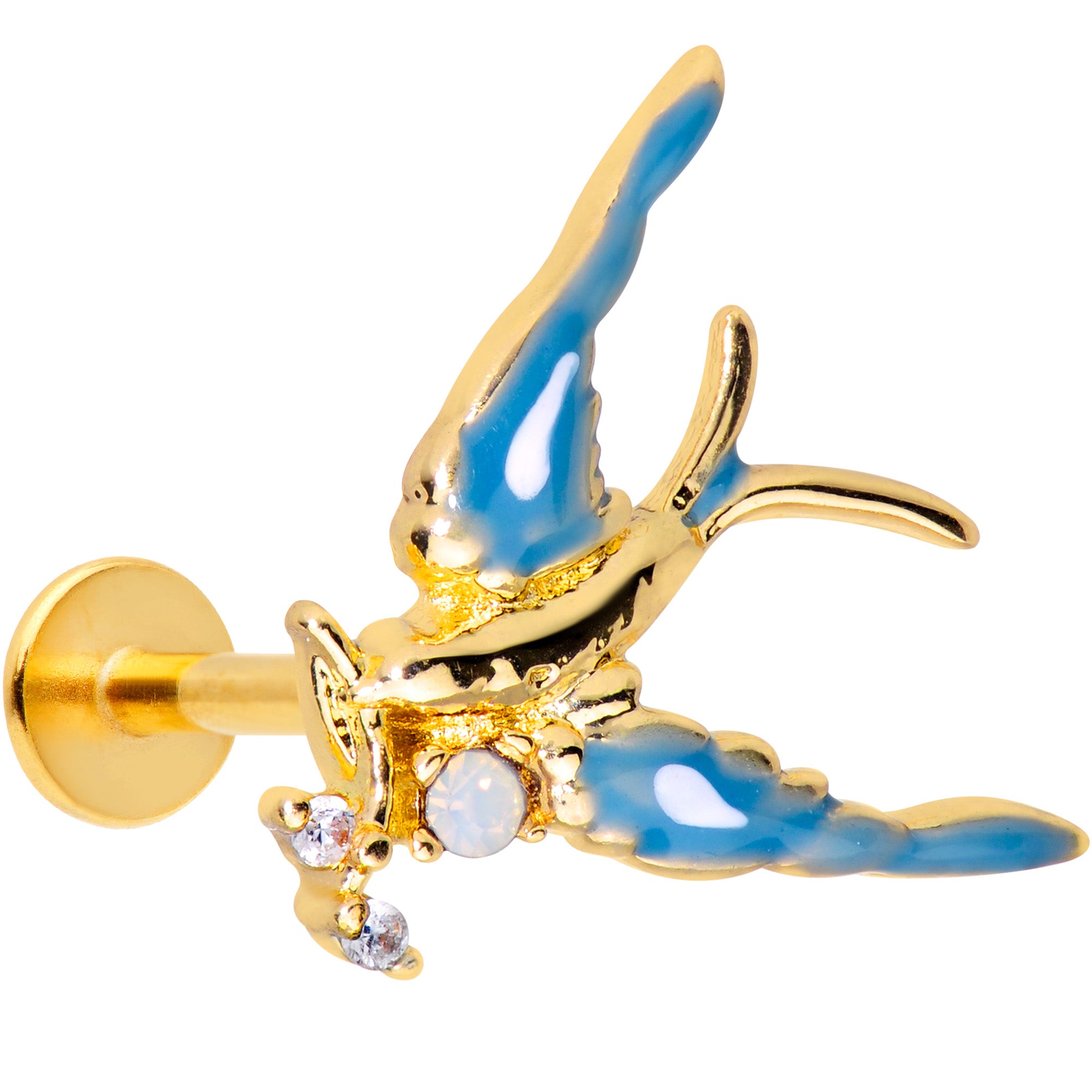 16G 5/16 White Faux Opal Gold Tone Swallow Bird Labret Tragus