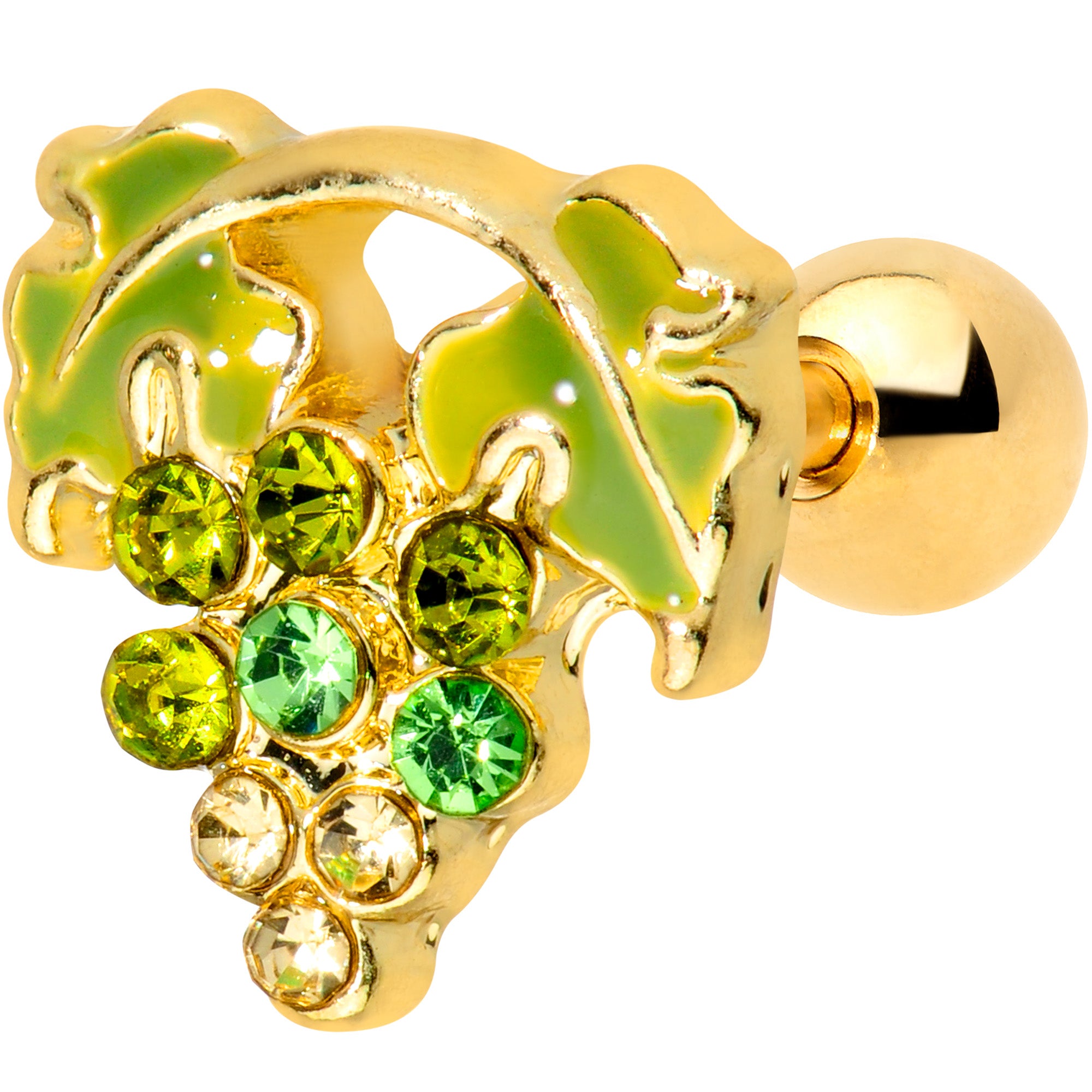 16G 1/4 Green Gem Gold Tone Bunch of Grapes Cartilage Tragus