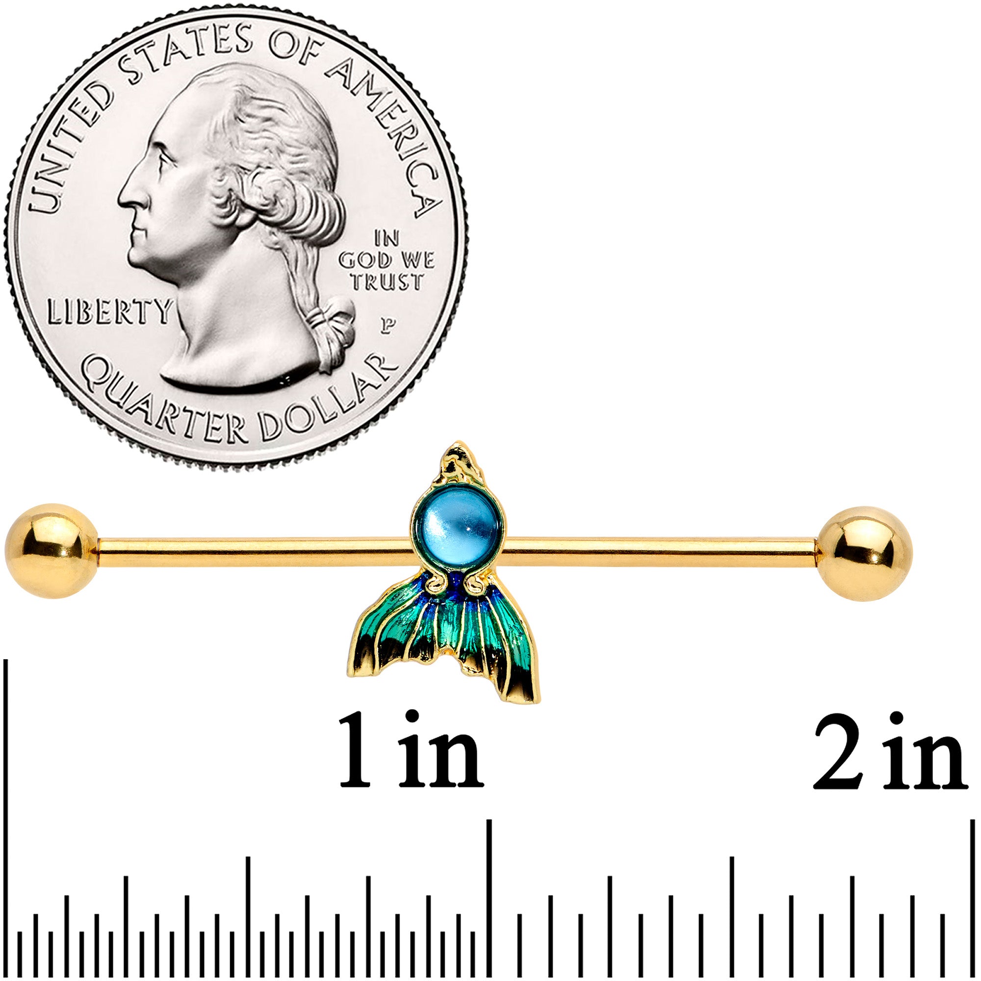 14G Gold Tone Blue Green Mermaid Tail Industrial Barbell 38mm