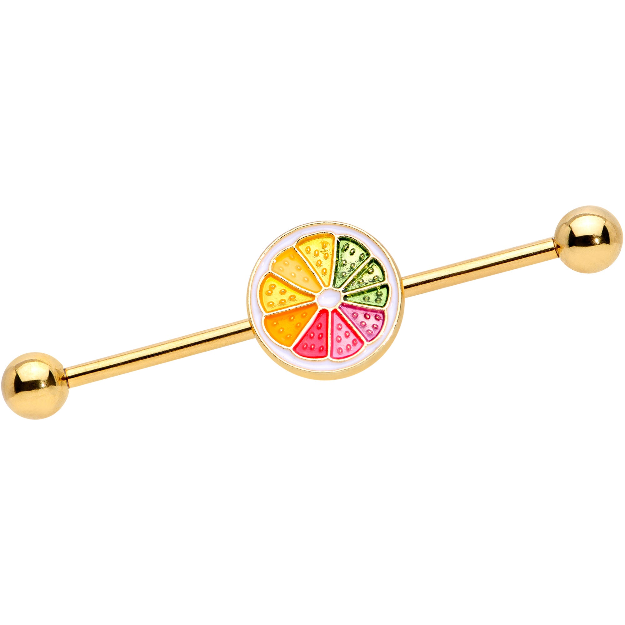14G Gold Tone Rainbow Grapefruit Industrial Barbell 38mm