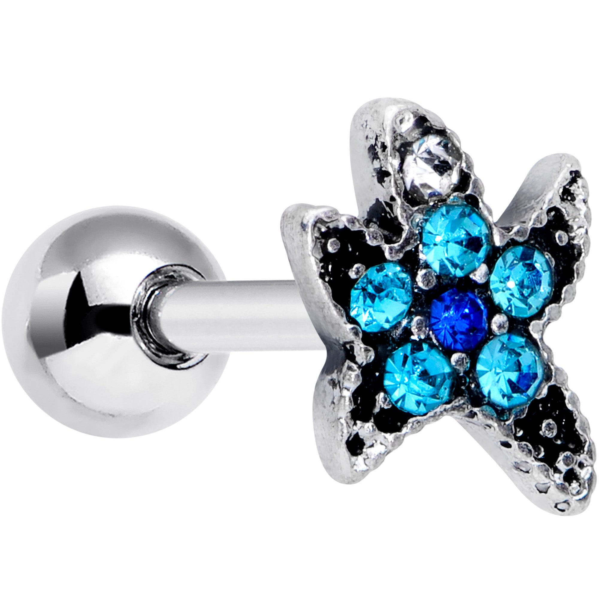 16G 1/4 Aqua Blue Gem Starfish Cartilage Tragus Earring