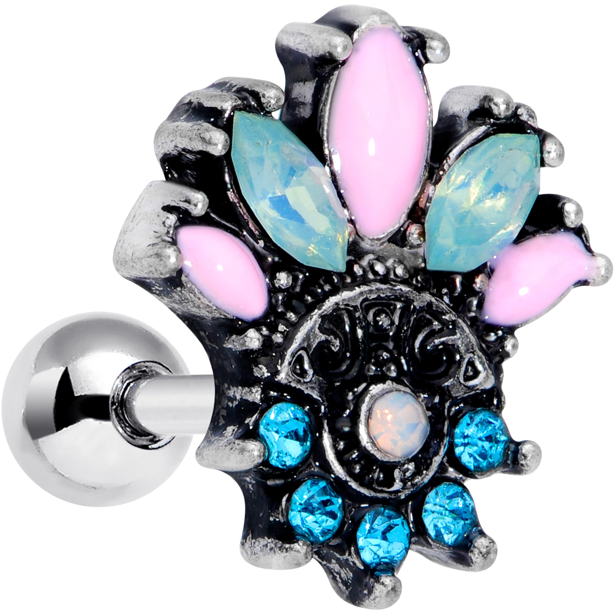 16G Blue Pink Green Gem Fan Flower Cartilage Tragus Earring