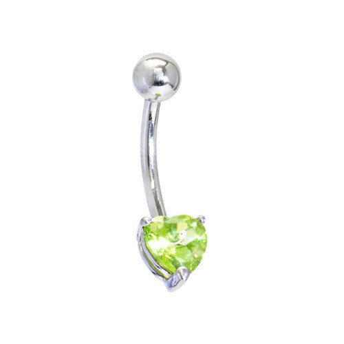 Solid 14KT White Gold Genuine Peridot Heart Solitaire Belly Ring