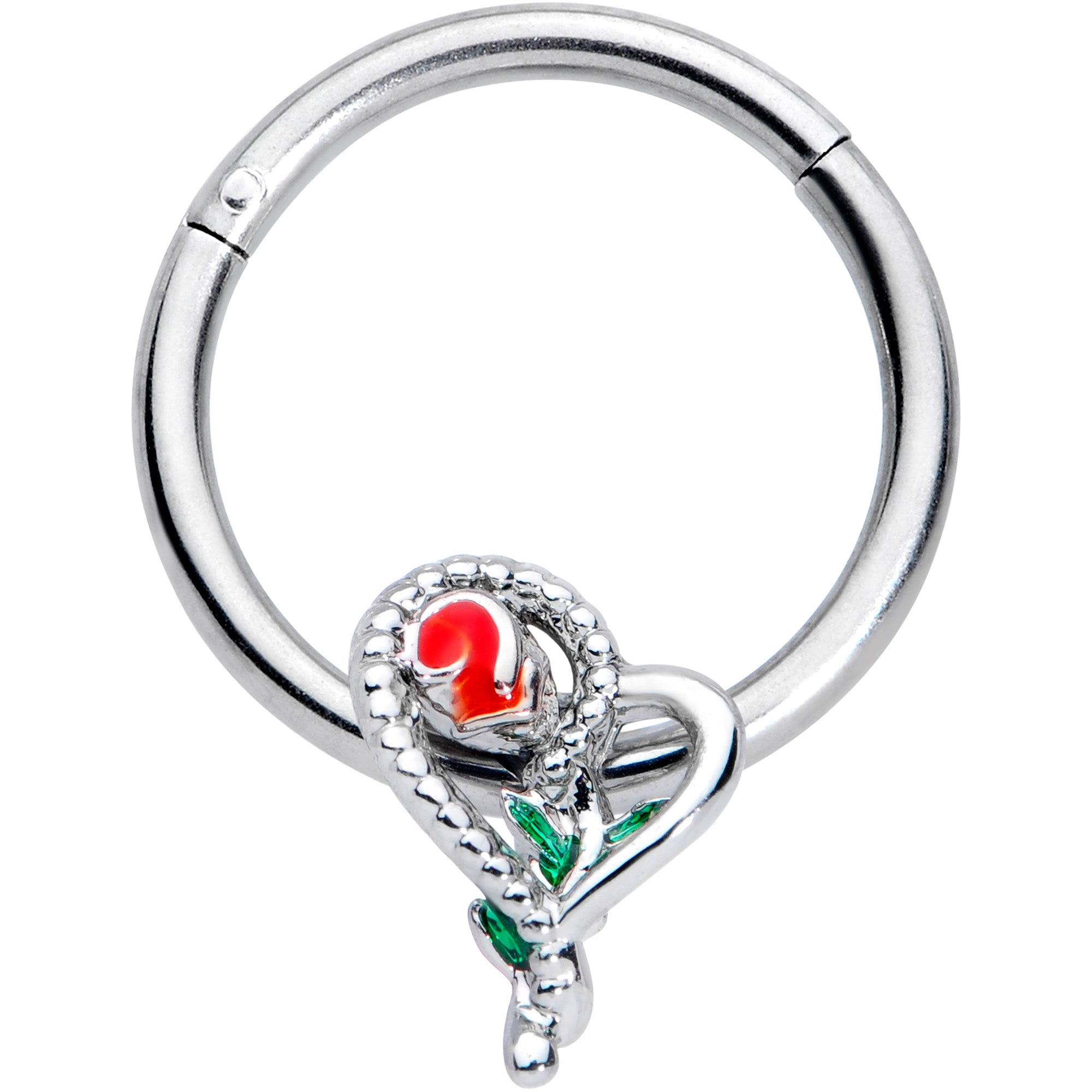 16G 3/8 Green Gem Snake Heart Rose Flower Hinged Segment Ring