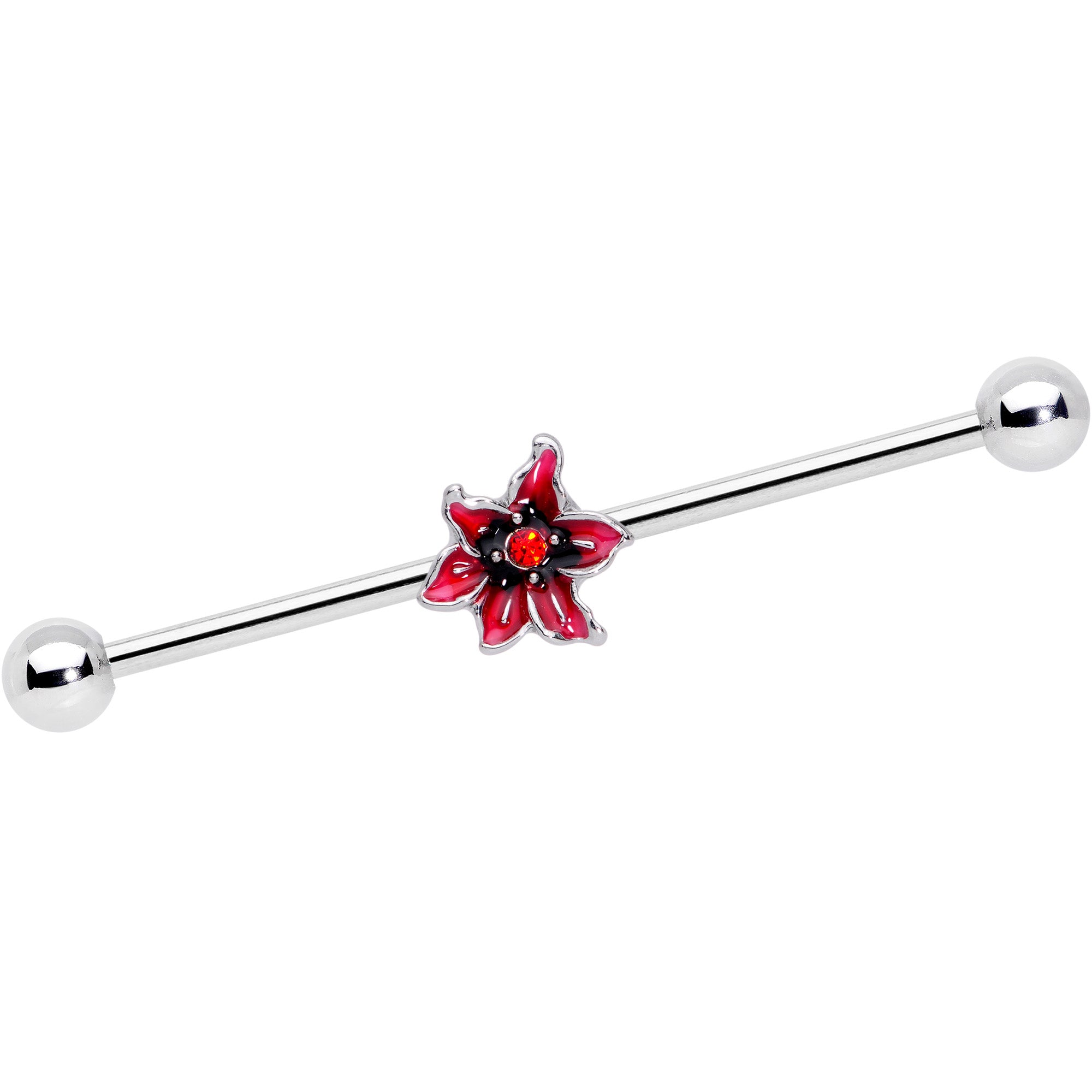 14G Red Gem Red Flower Industrial Barbell 38mm