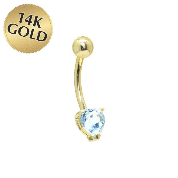 16G Solid 14K Yellow Gold Genuine Blue Topaz Heart Solitaire Belly Ring