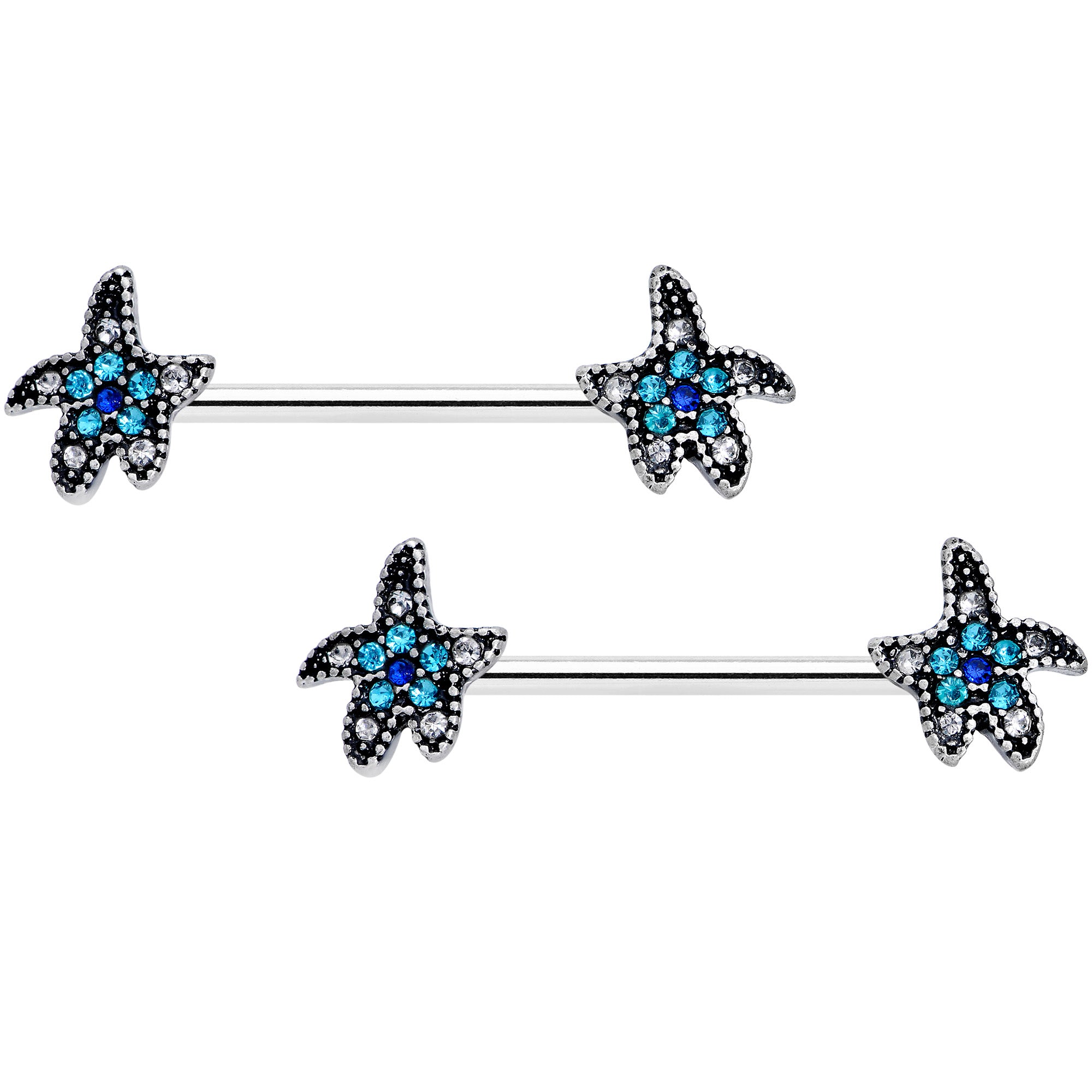 14G 5/8 Clear Aqua Gem Starfish Barbell Nipple Ring Set