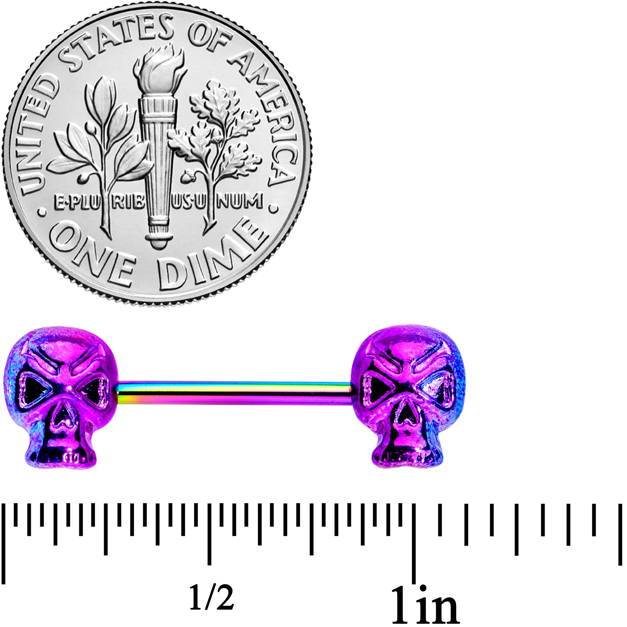 14G 9/16 Rainbow Plated Scary Skull Barbell Nipple Ring Set