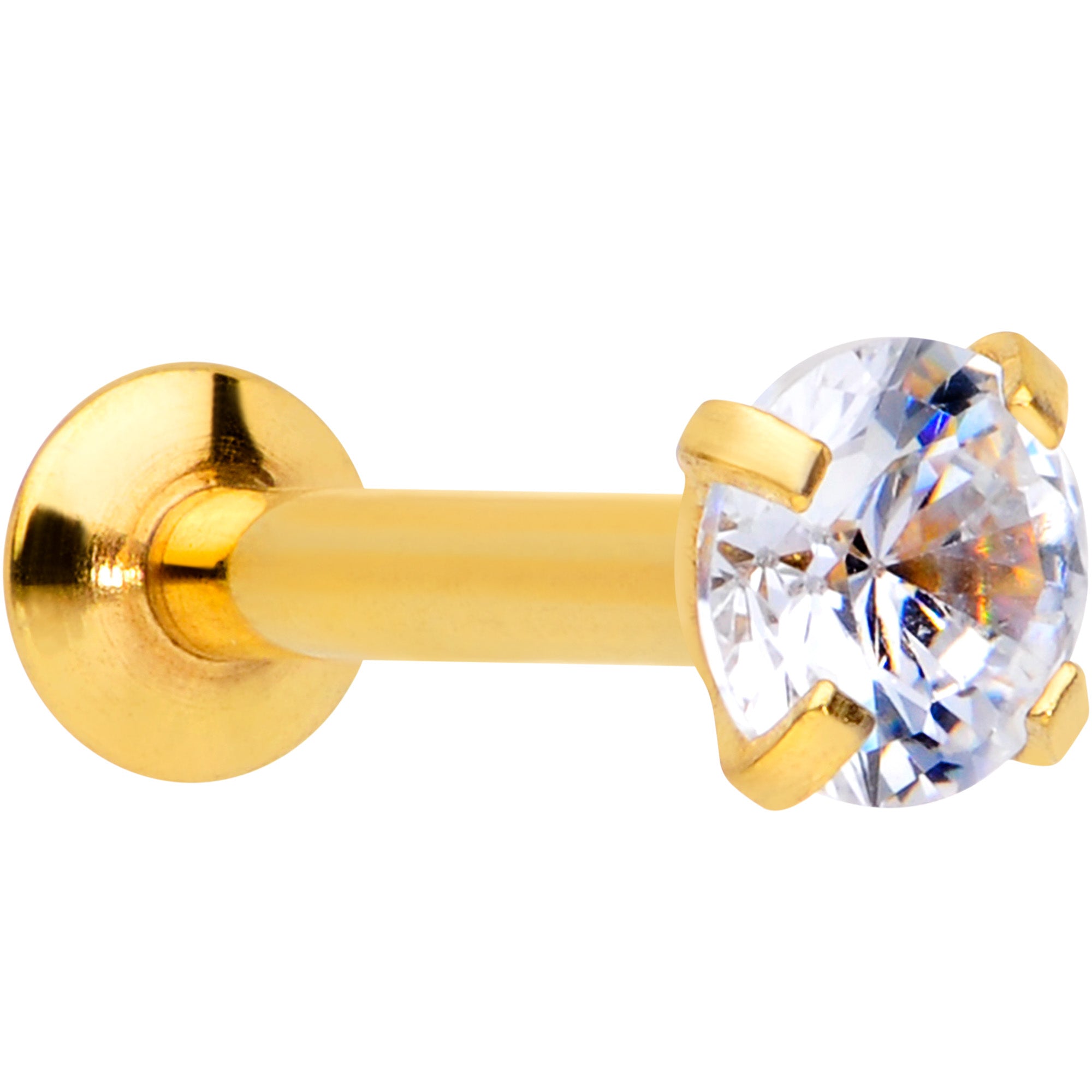 16G 1/4 CZ Gem Gold PVD 3mm Threadless Push In Labret Tragus