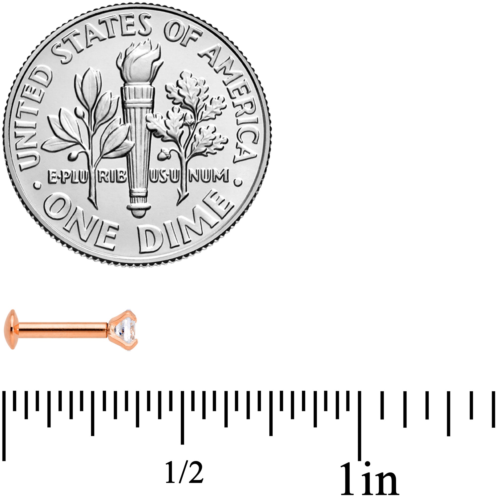 16G 1/4 CZ Gem Rose Gold PVD 3mm Threadless Push In Labret Tragus