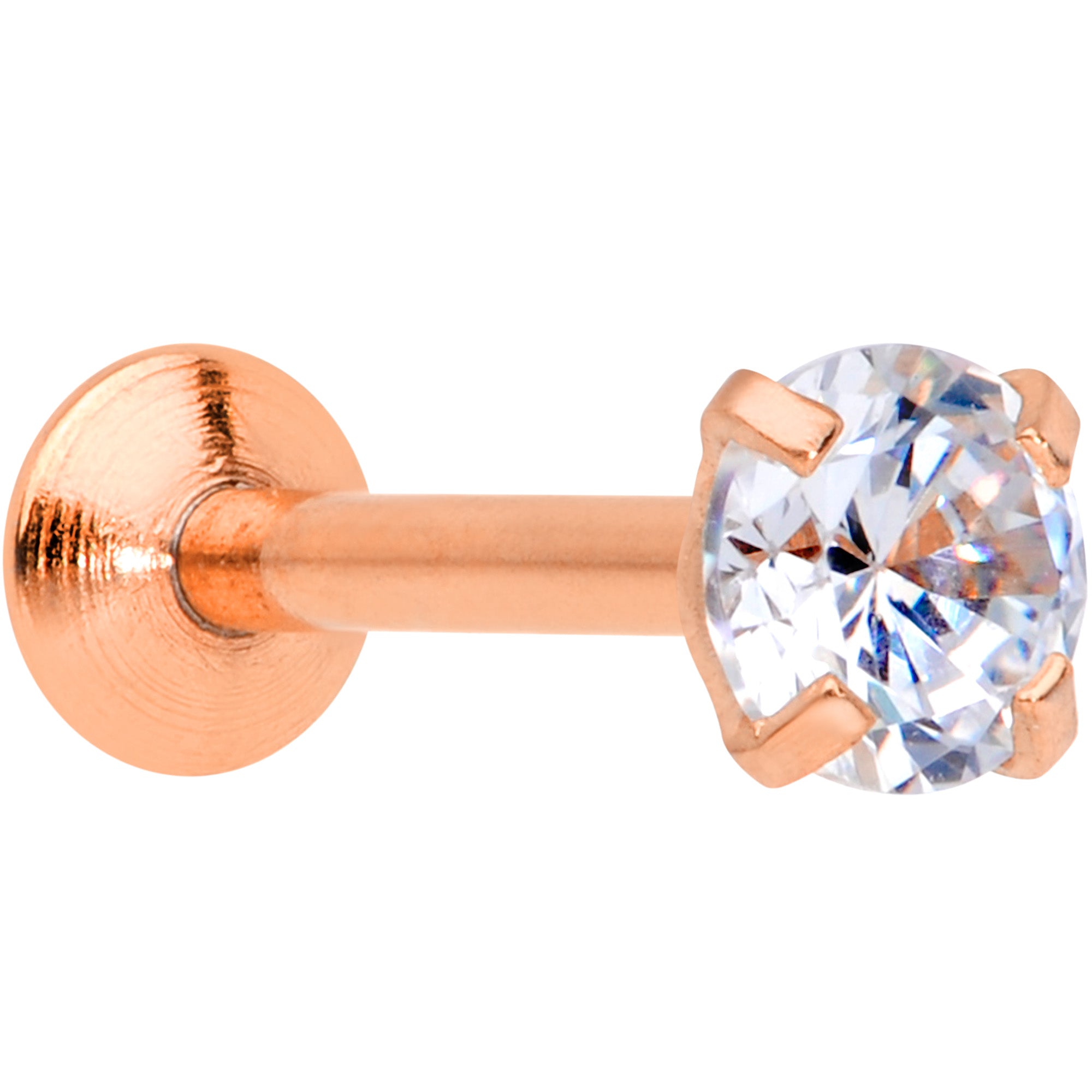 18G 1/4 CZ Gem Rose Gold PVD 3mm Threadless Push In Labret Tragus