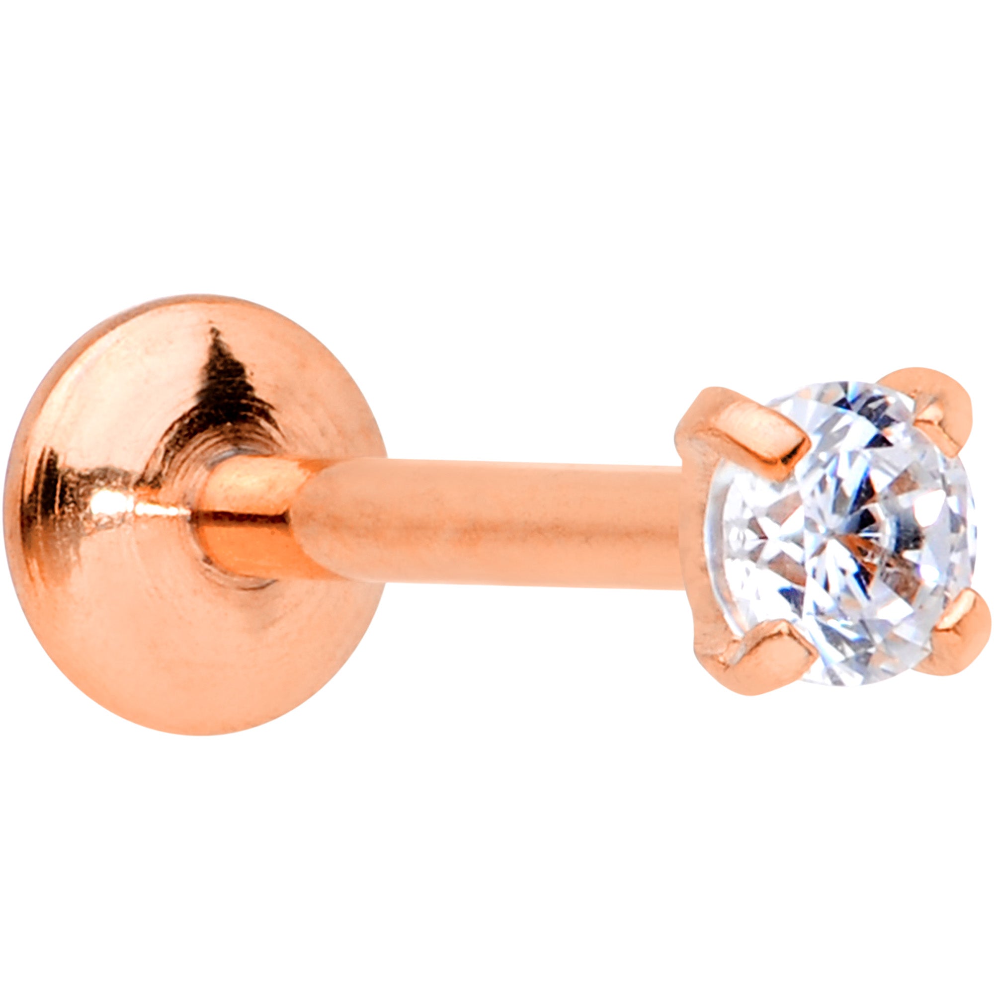 20G 1/4 CZ Gem Rose Gold PVD 2mm Threadless Push In Labret Tragus