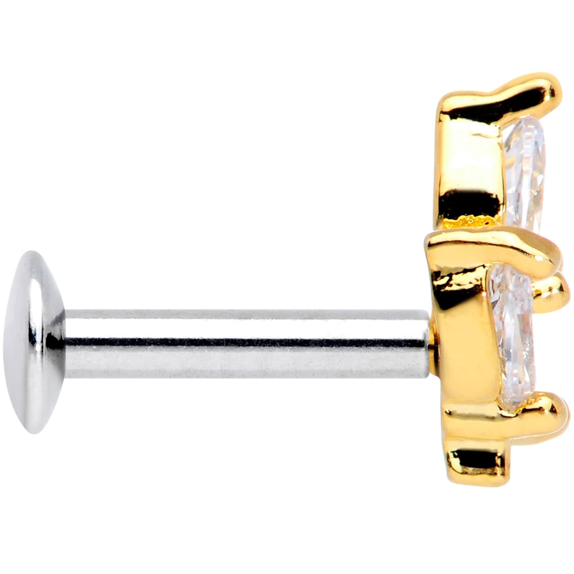 16G 1/4 CZ Gem Gold PVD Leaf Threadless Push In Labret Tragus