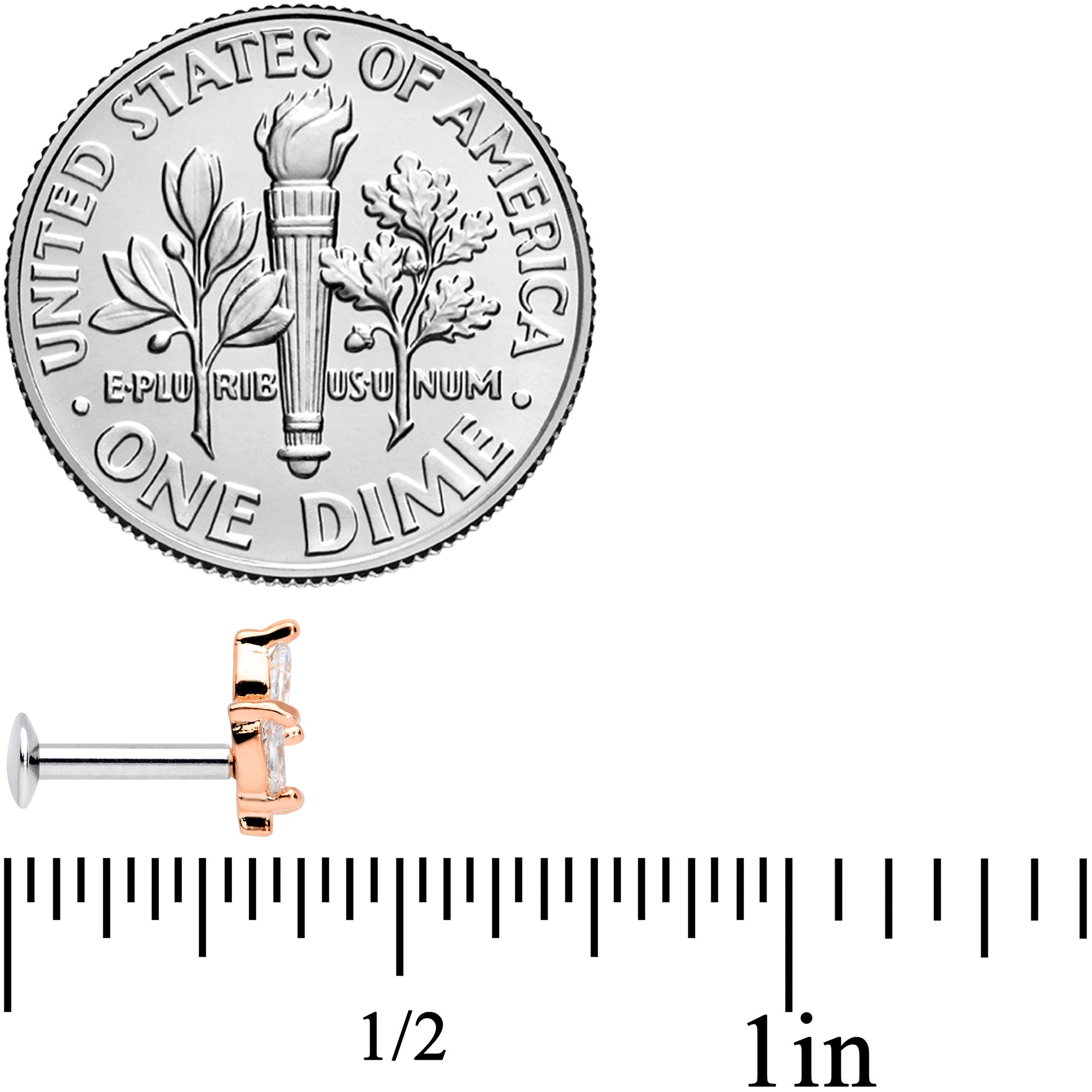 16G 1/4 CZ Rose Gold PVD Leaf Threadless Push In Labret Tragus