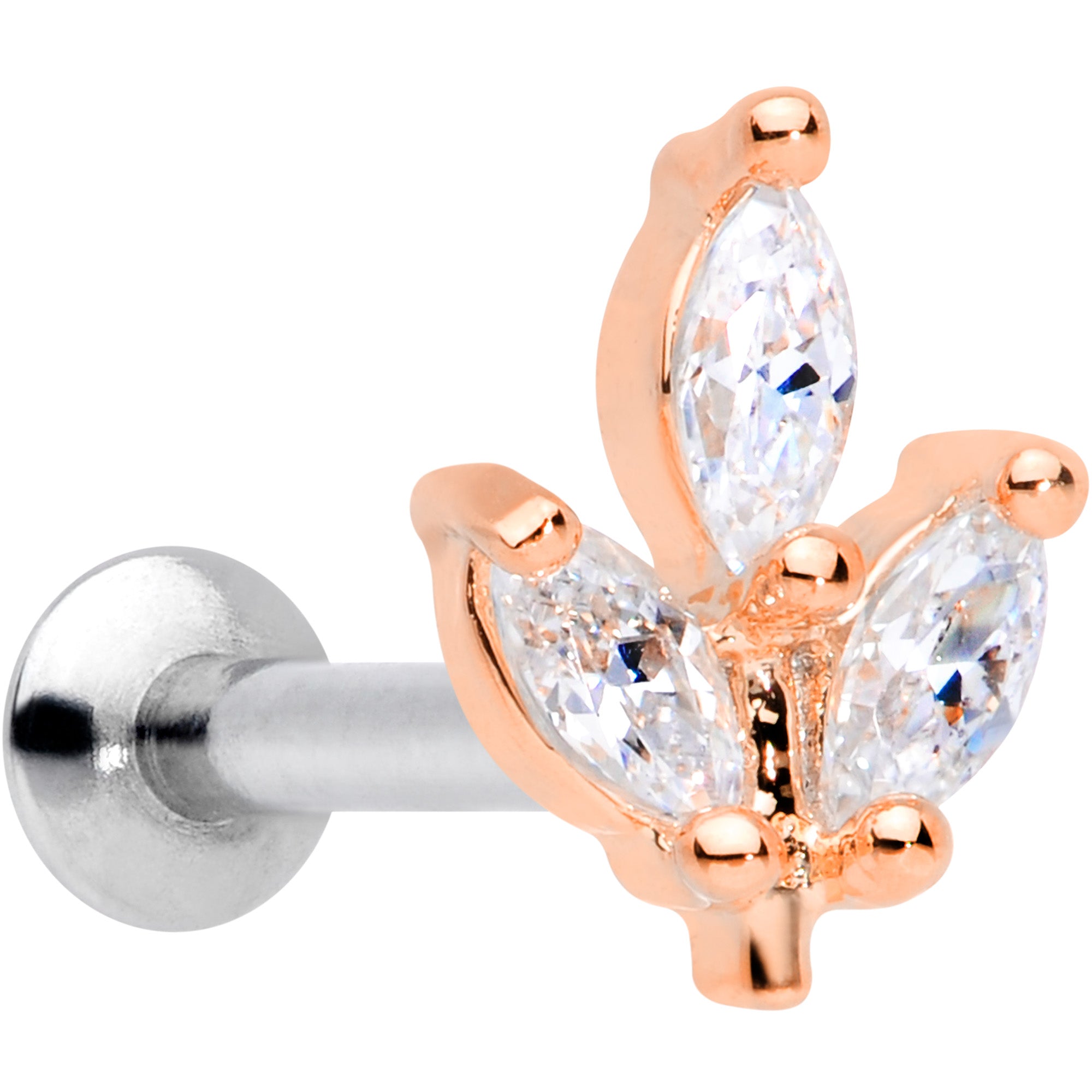 16G 5/16 CZ Rose Gold PVD Leaf Threadless Push In Labret Tragus
