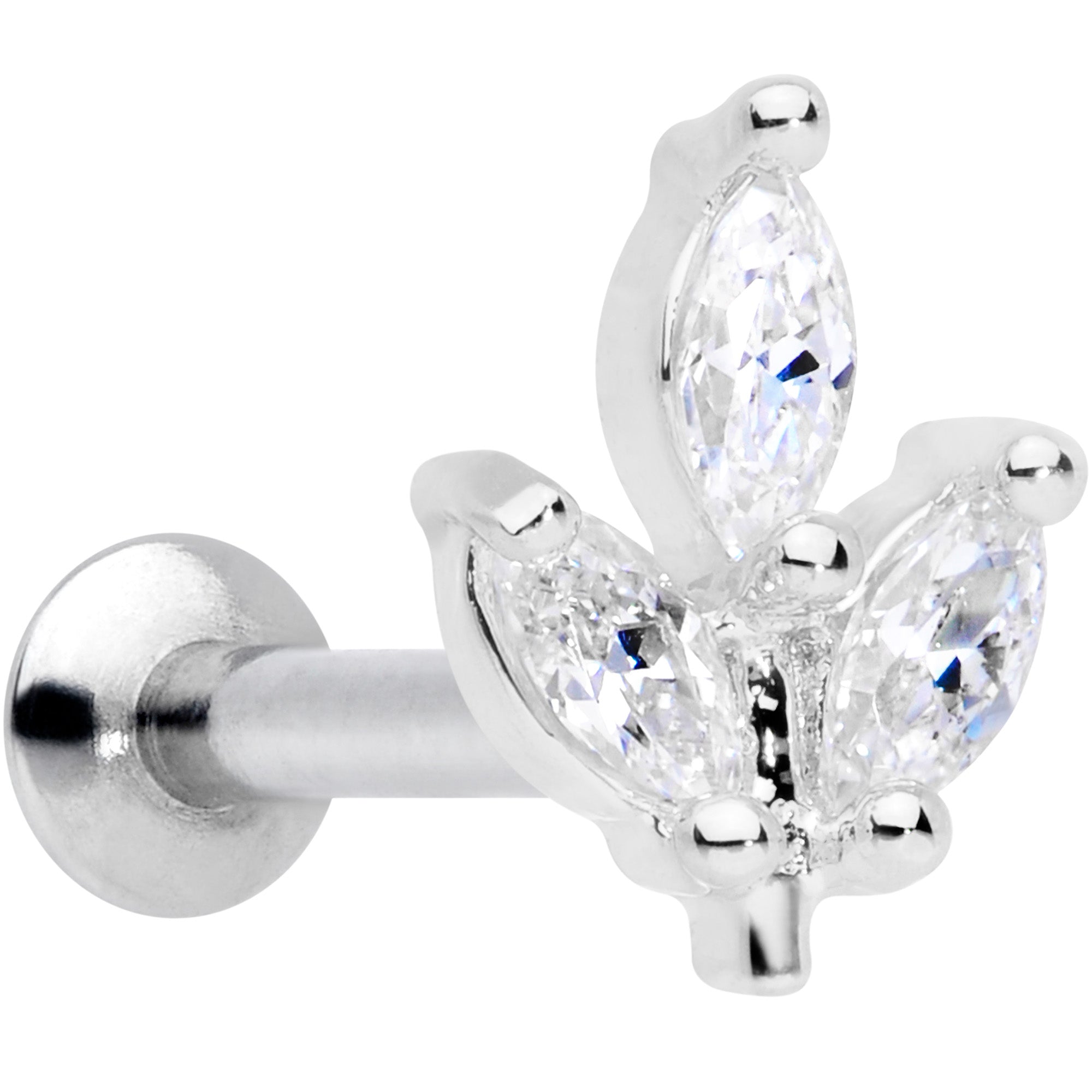 16G 5/16 CZ Gem Leaf Threadless Push In Labret Tragus