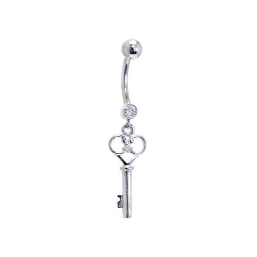 Solid 14KT White Gold Cubic Zirconia SKELETON KEY Belly Ring.