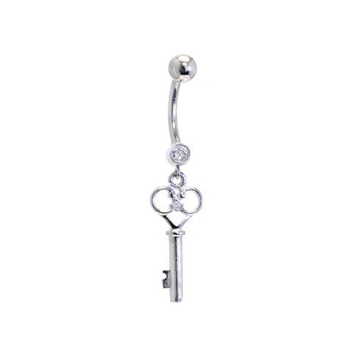 16G Solid 14K White Gold Cubic Zirconia SKELETON KEY Belly Ring.