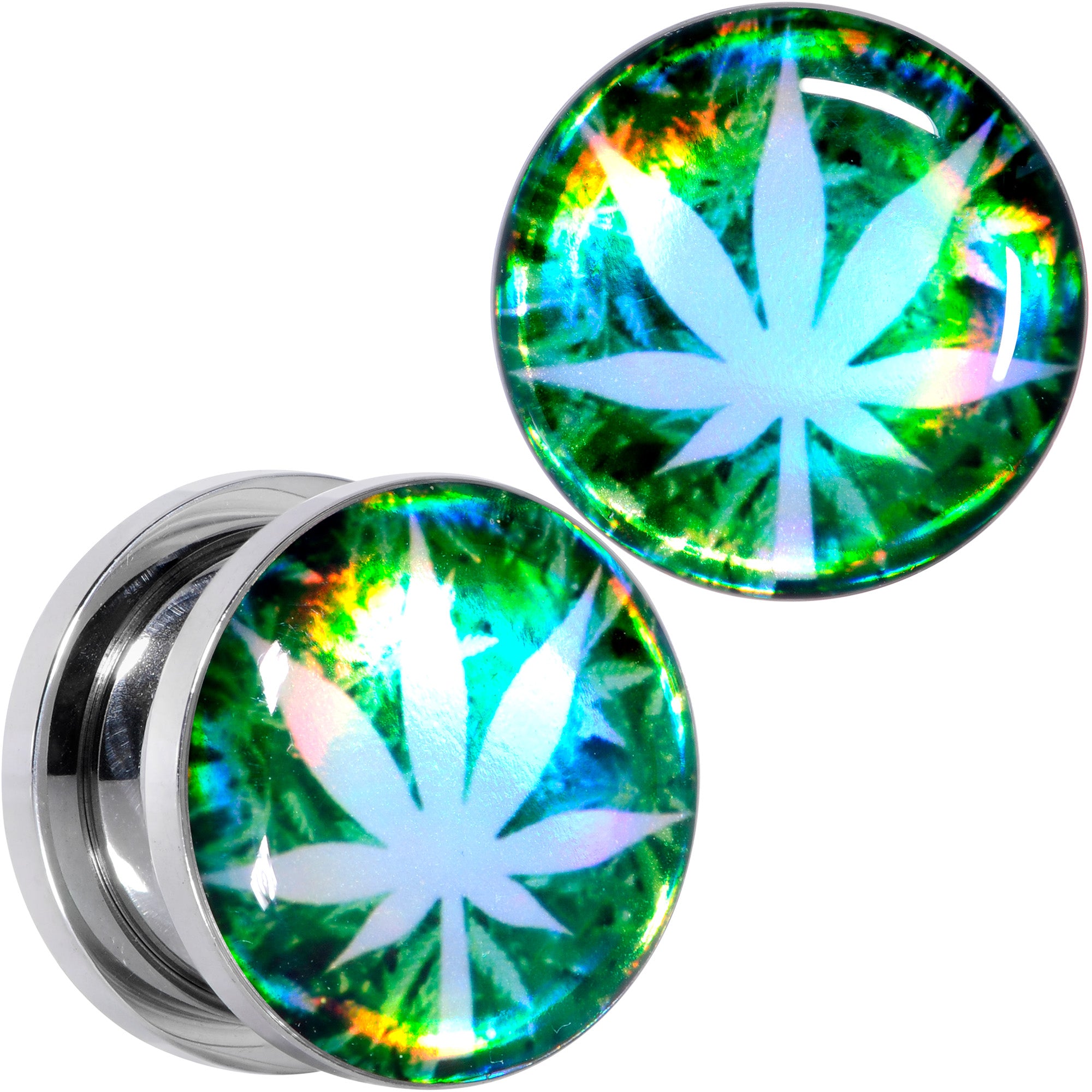 Green Hologram Marijuana Weed Leaf Screw Fit Plug Set 6G to 1 Inch
