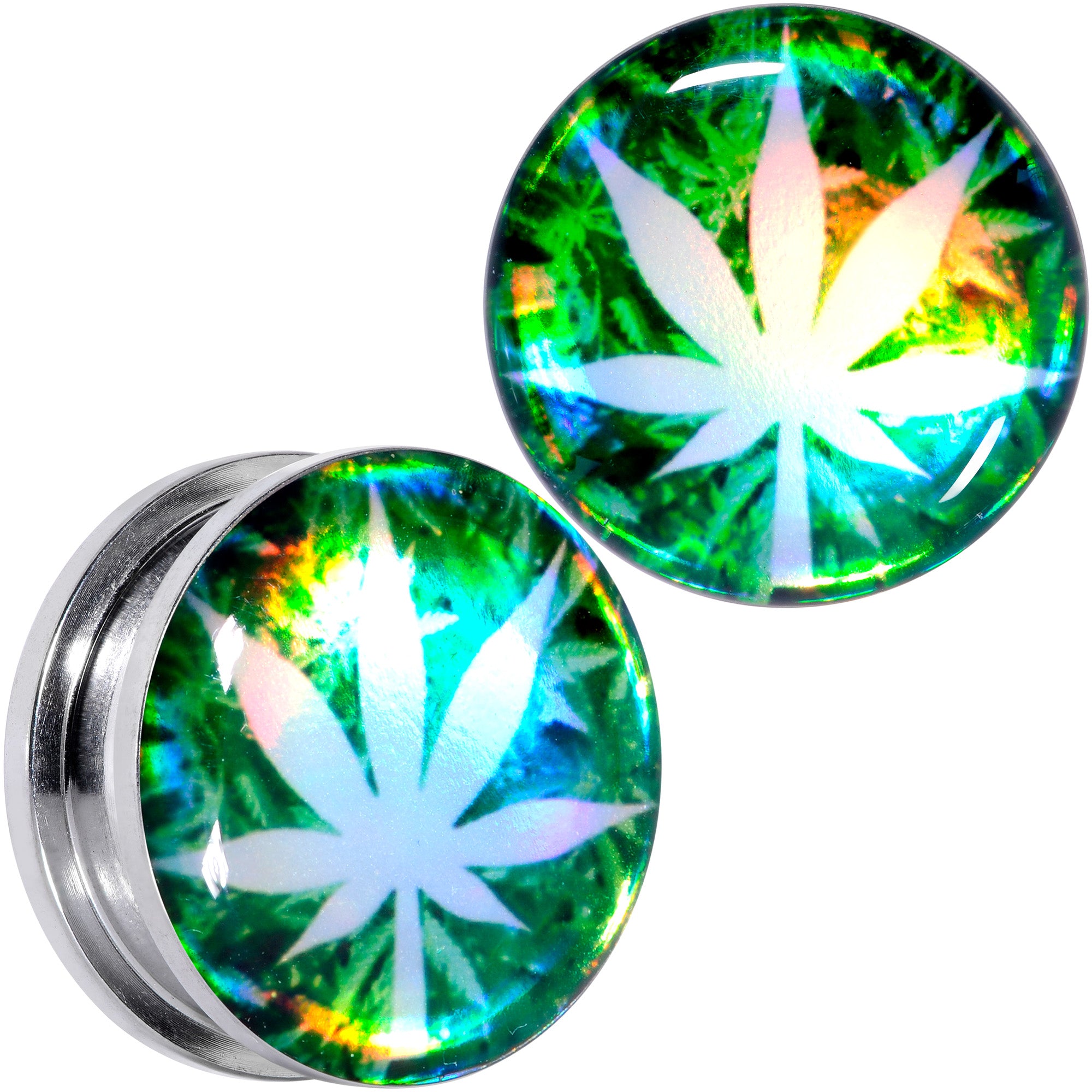 Green Hologram Marijuana Weed Leaf Screw Fit Plug Set 6G to 1 Inch