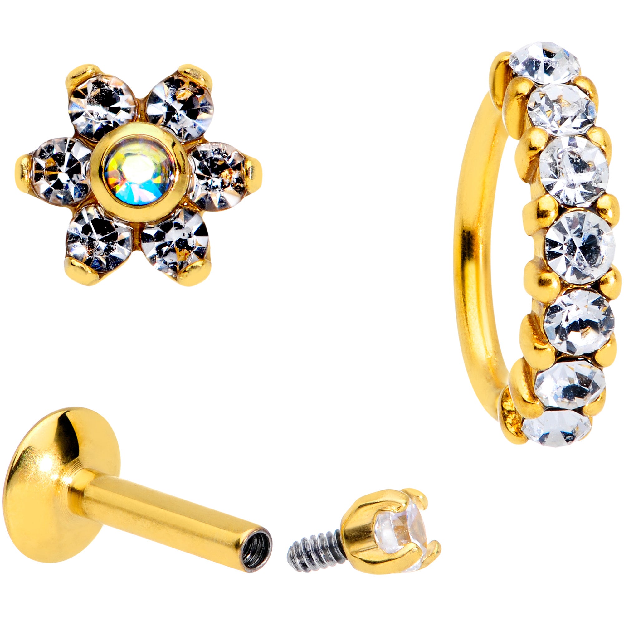 16G Clear CZ Gem Gold Tone Cartilage Labret Closure Ring Set of 3