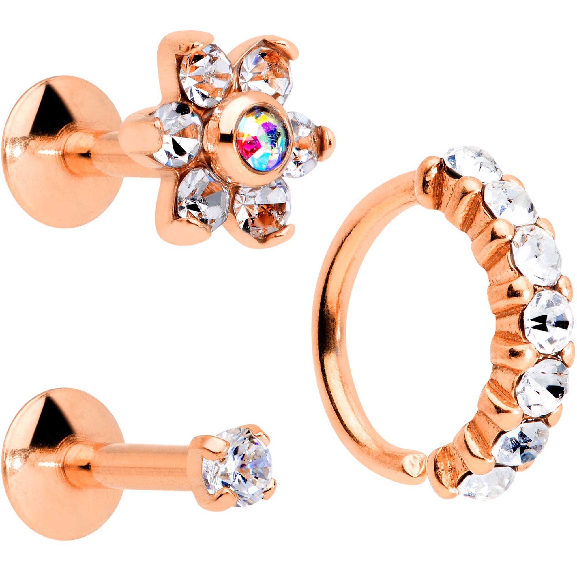 16G Clear CZ Gem Rose Gold Tone Cartilage Labret Closure Ring Set of 3