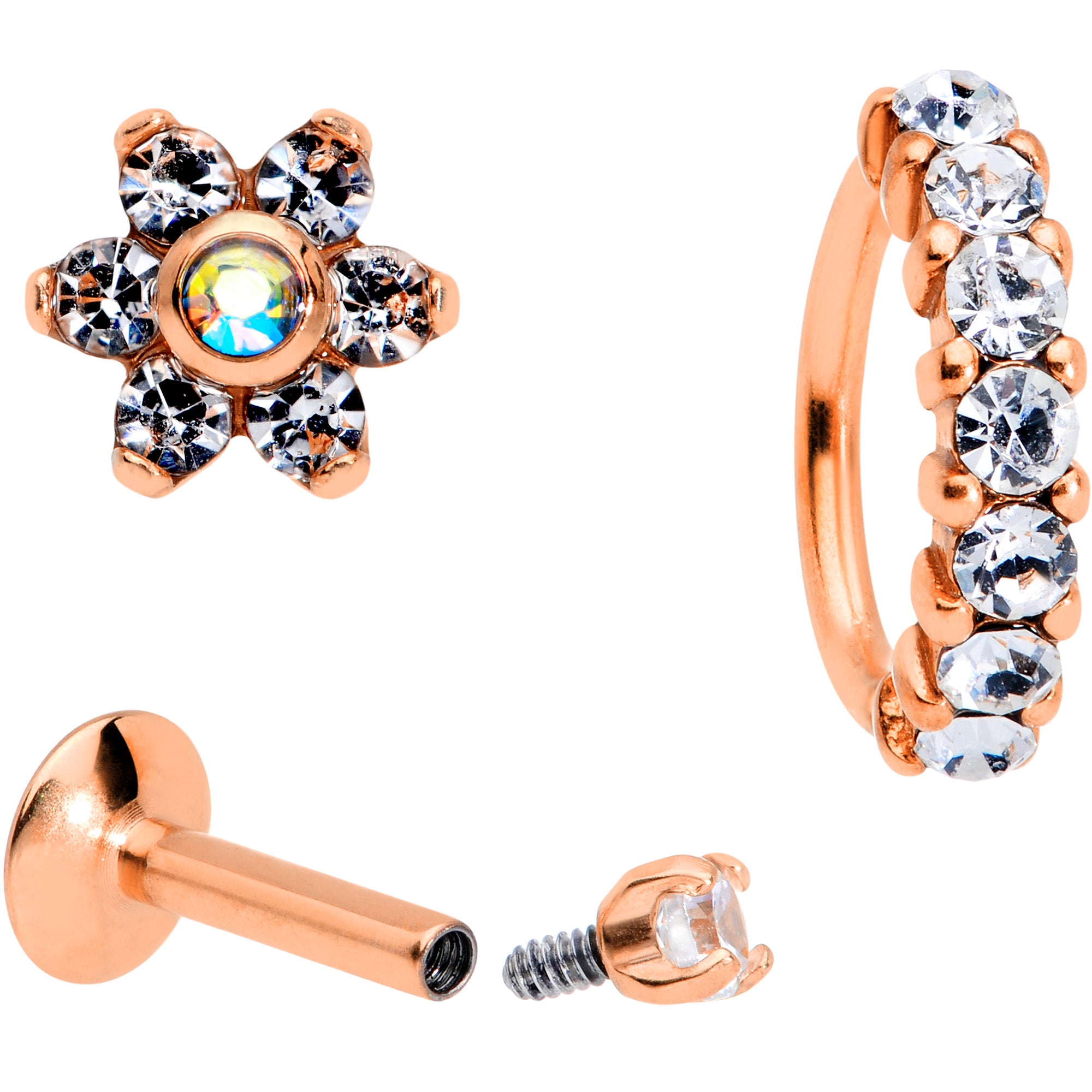 16G Clear CZ Gem Rose Gold Tone Cartilage Labret Closure Ring Set of 3