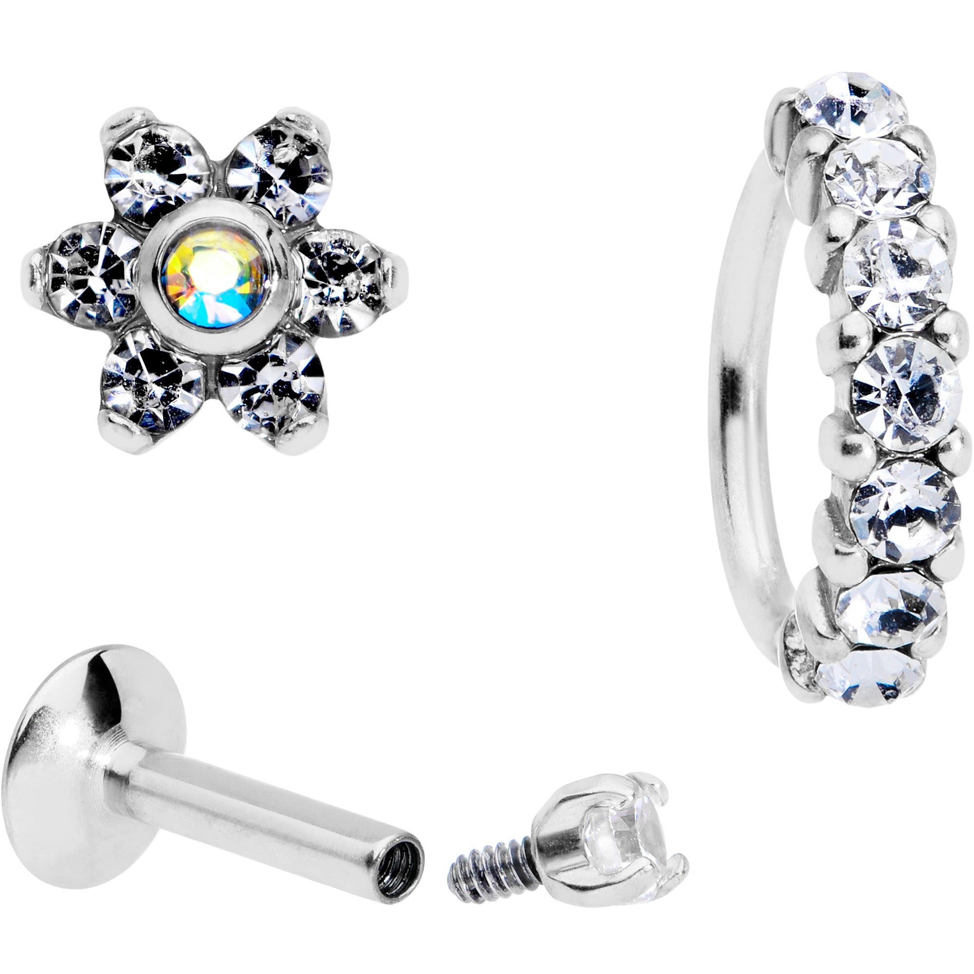 16G Clear CZ Gem Cartilage Labret Closure Ring Set of 3