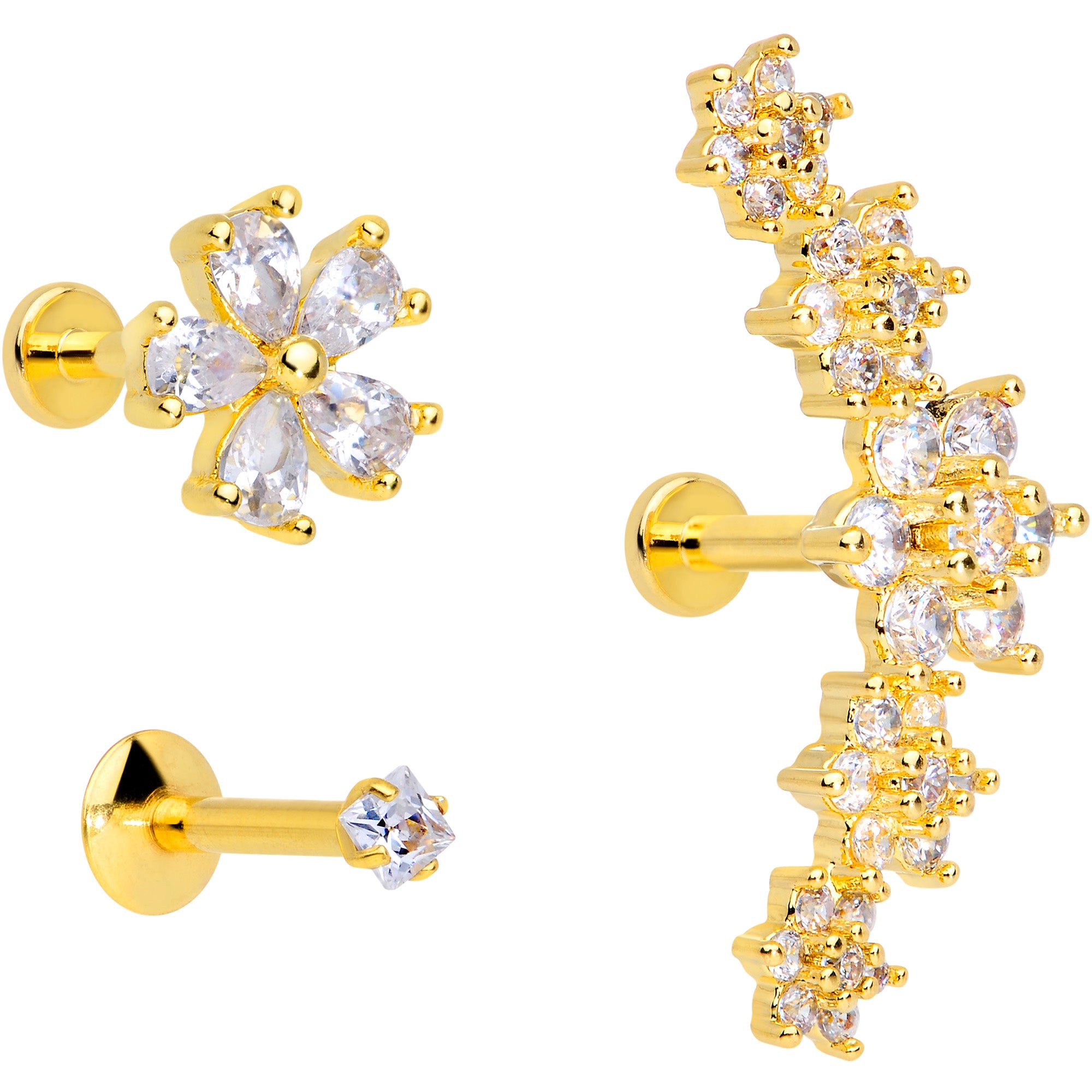 16G 1/4 Clear CZ Gem Gold Tone Floral Labret Tragus Set of 3