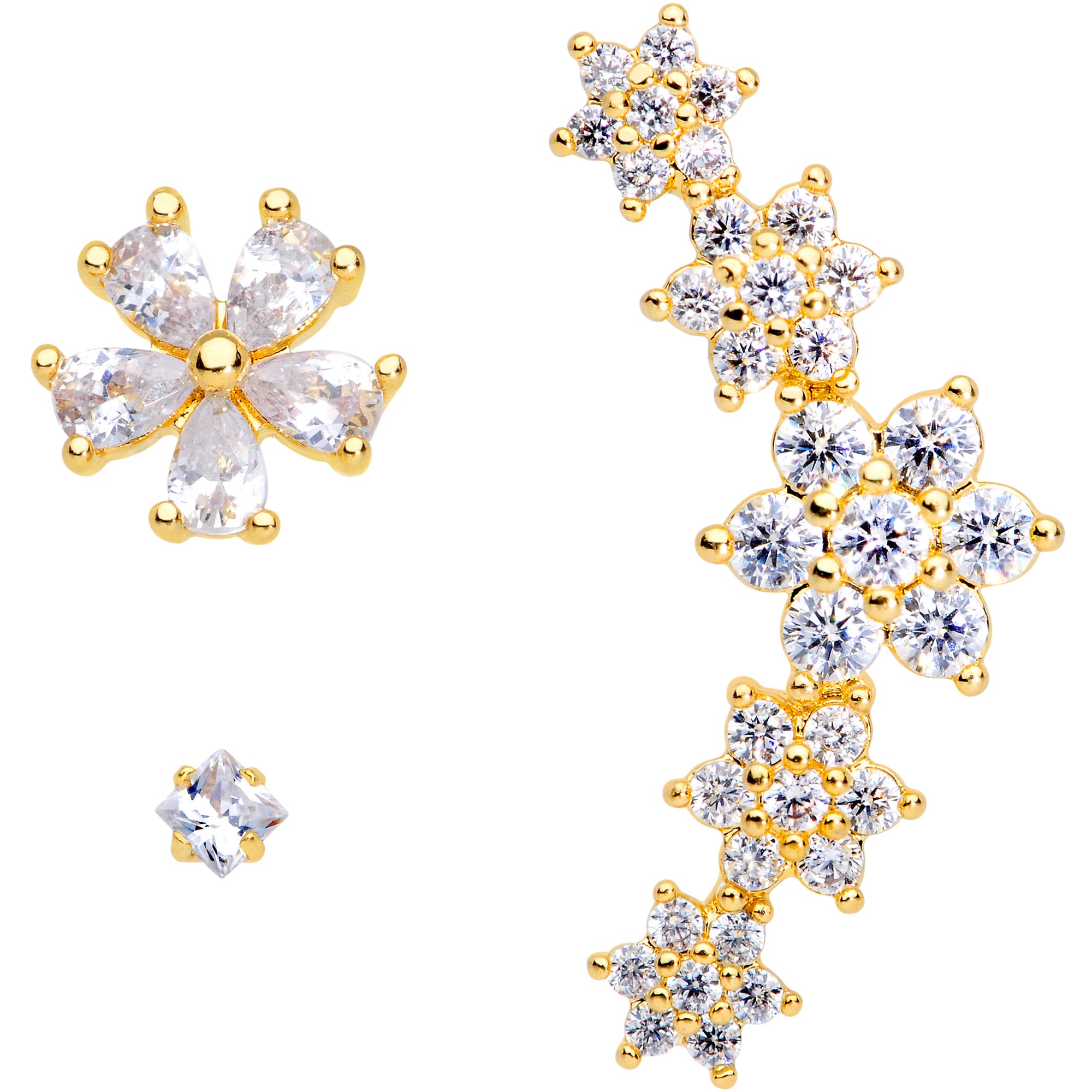 16G 1/4 Clear CZ Gem Gold Tone Floral Labret Tragus Set of 3