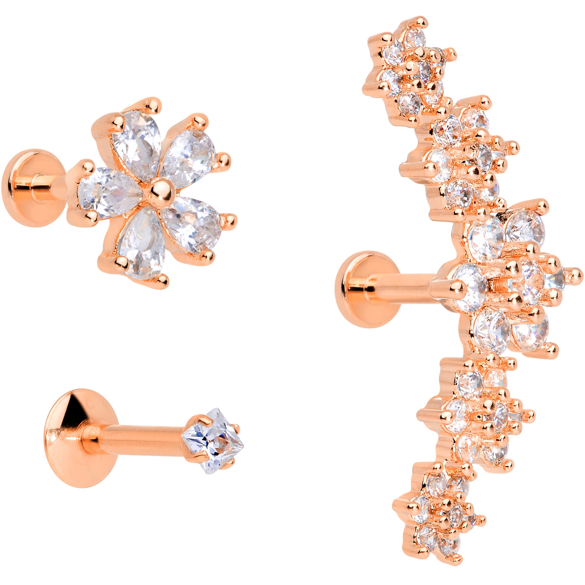 16G 1/4 Clear CZ Gem Rose Gold Tone Floral Labret Tragus Set of 3