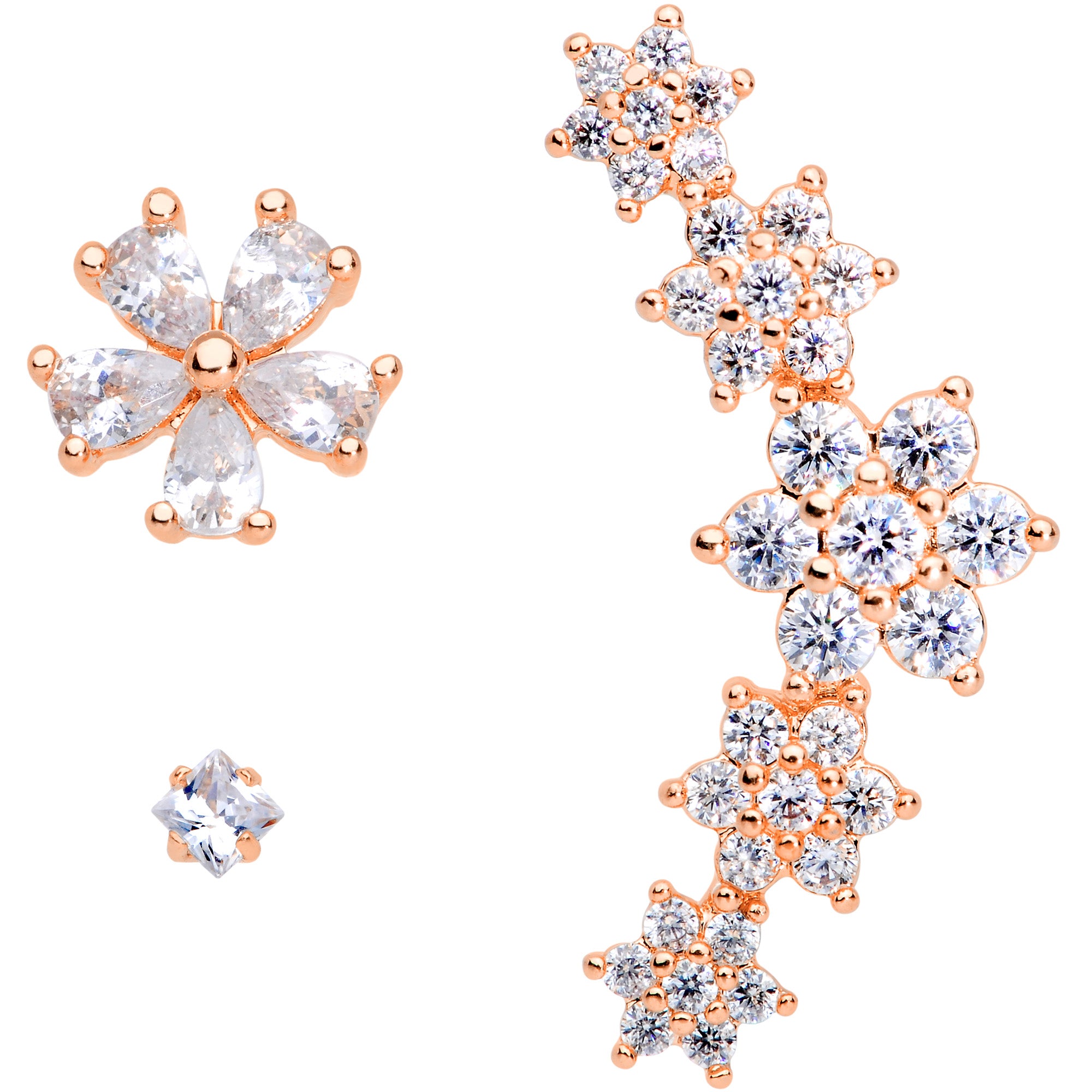 16G 1/4 Clear CZ Gem Rose Gold Tone Floral Labret Tragus Set of 3