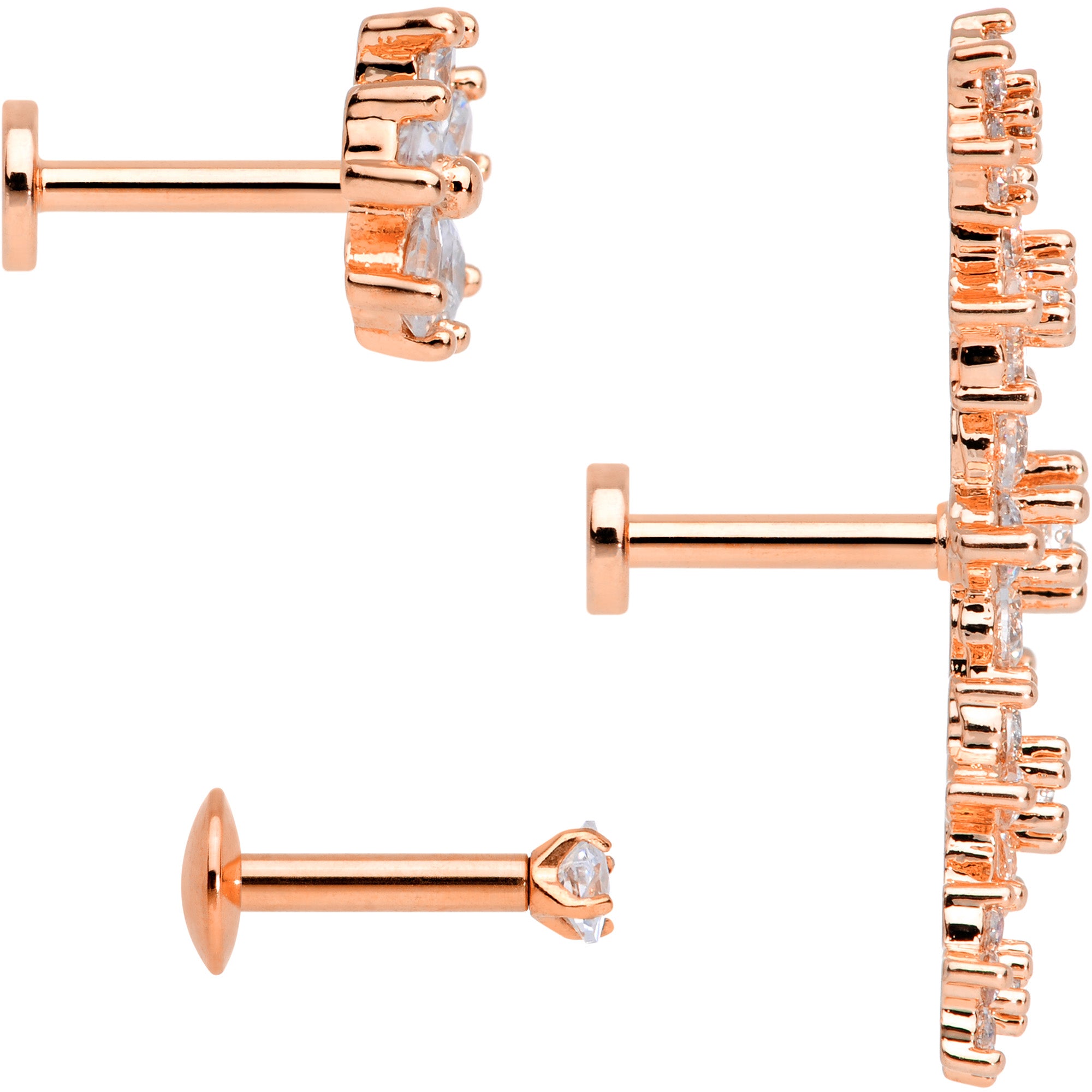 16G 1/4 Clear CZ Gem Rose Gold Tone Floral Labret Tragus Set of 3