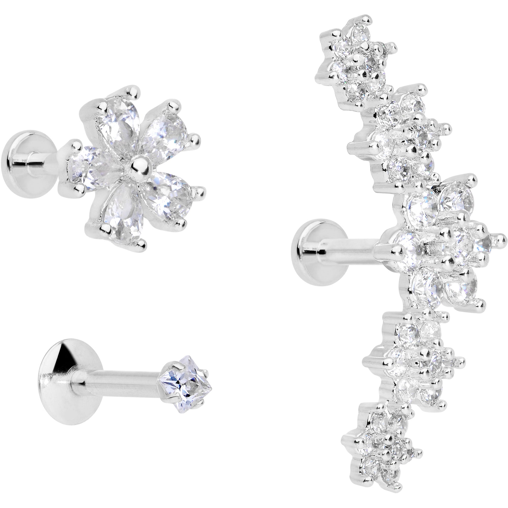 16G 1/4 Clear CZ Gem Floral Labret Tragus Set of 3