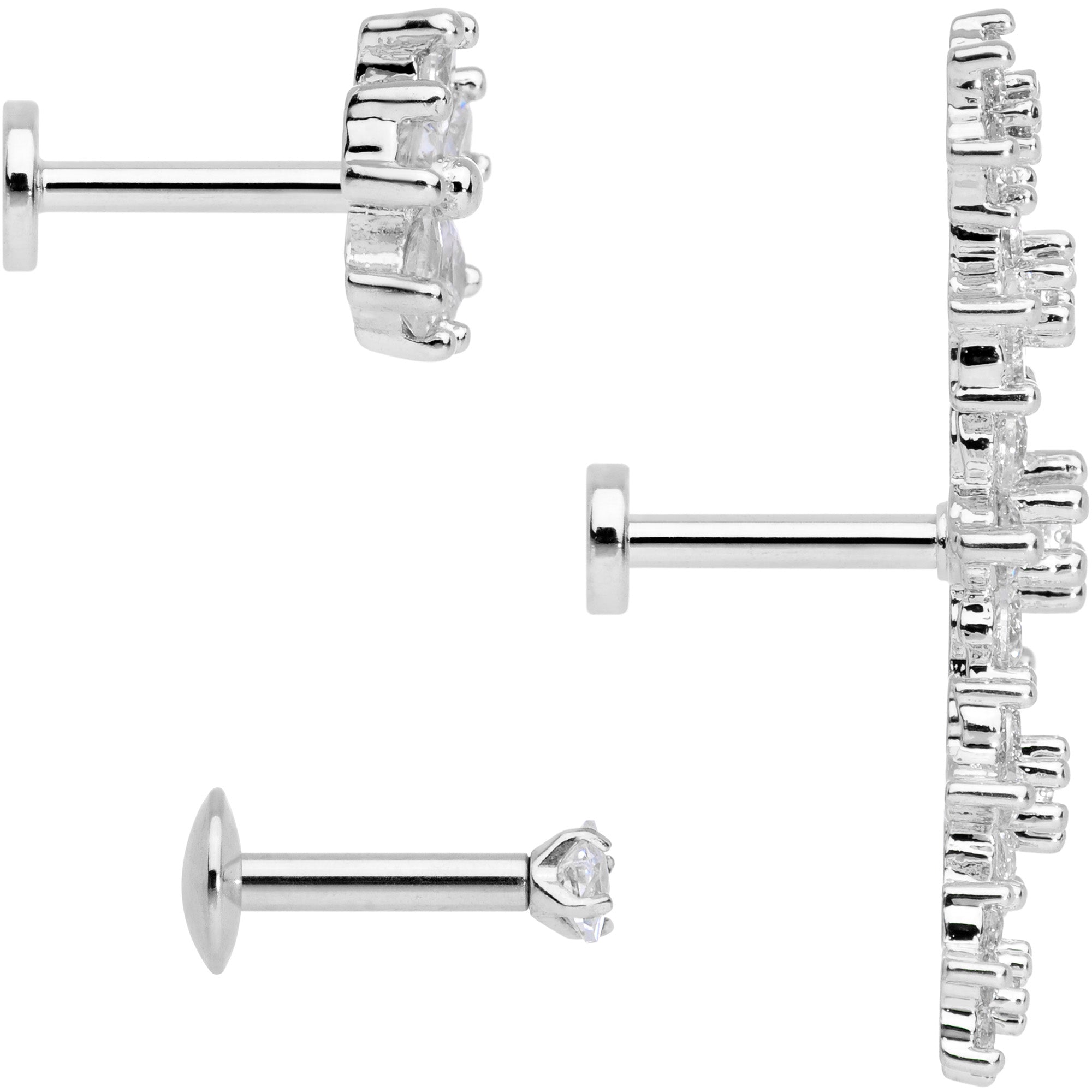 16G 1/4 Clear CZ Gem Floral Labret Tragus Set of 3