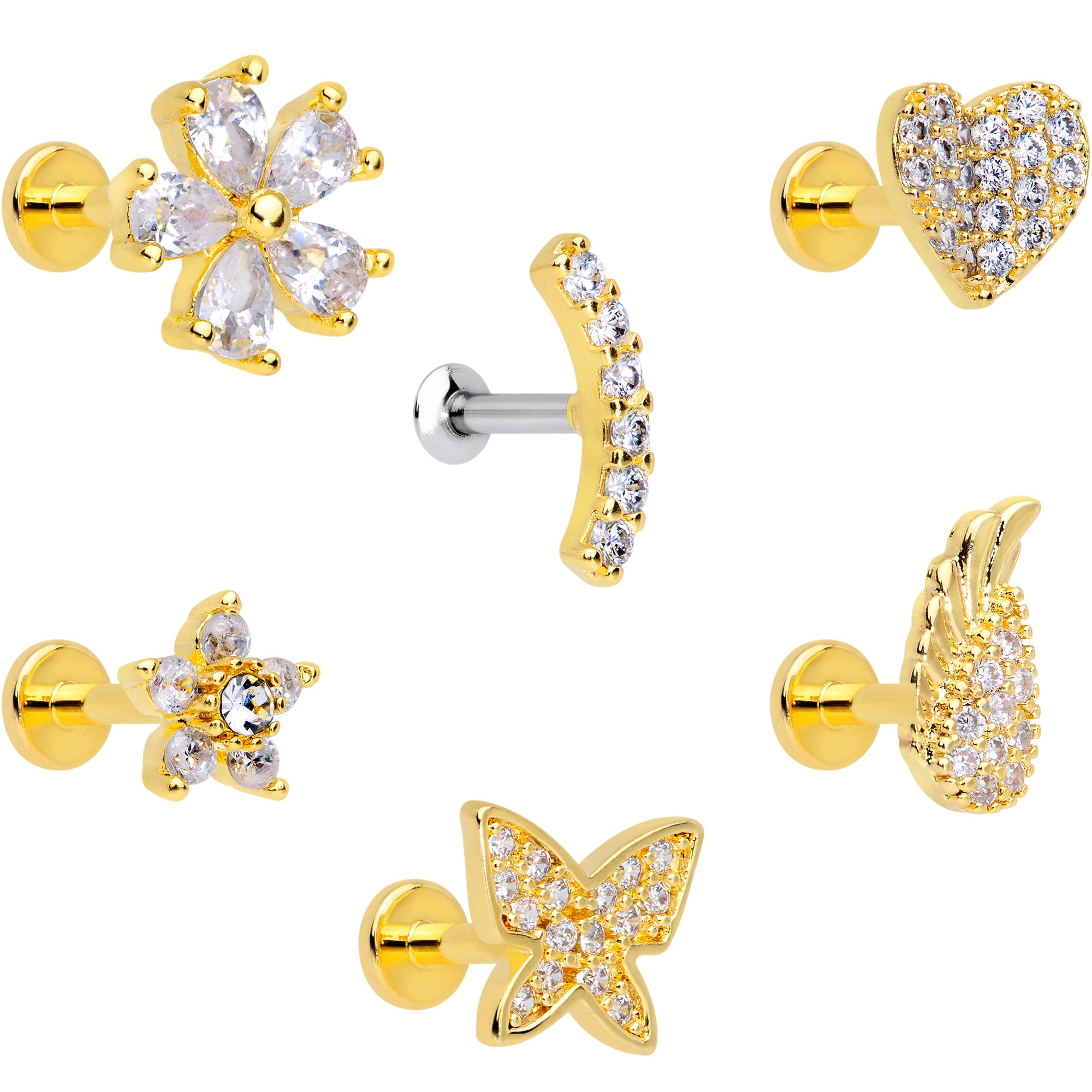 16G 1/4 CZ Gold Tone Internal Thread Labret Tragus Set of 6