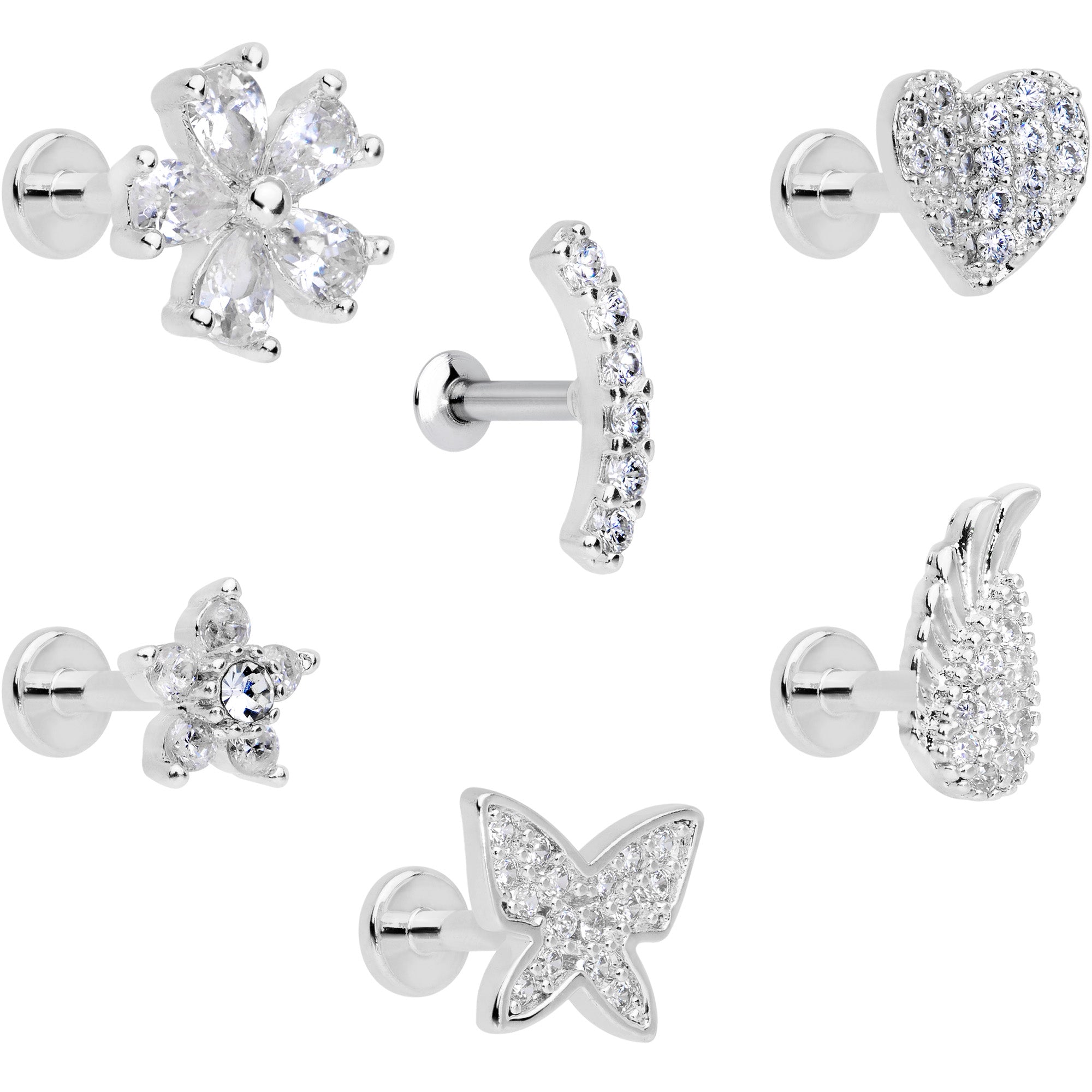 16G 1/4 CZ Gem Internal Thread Labret Tragus Set of 6