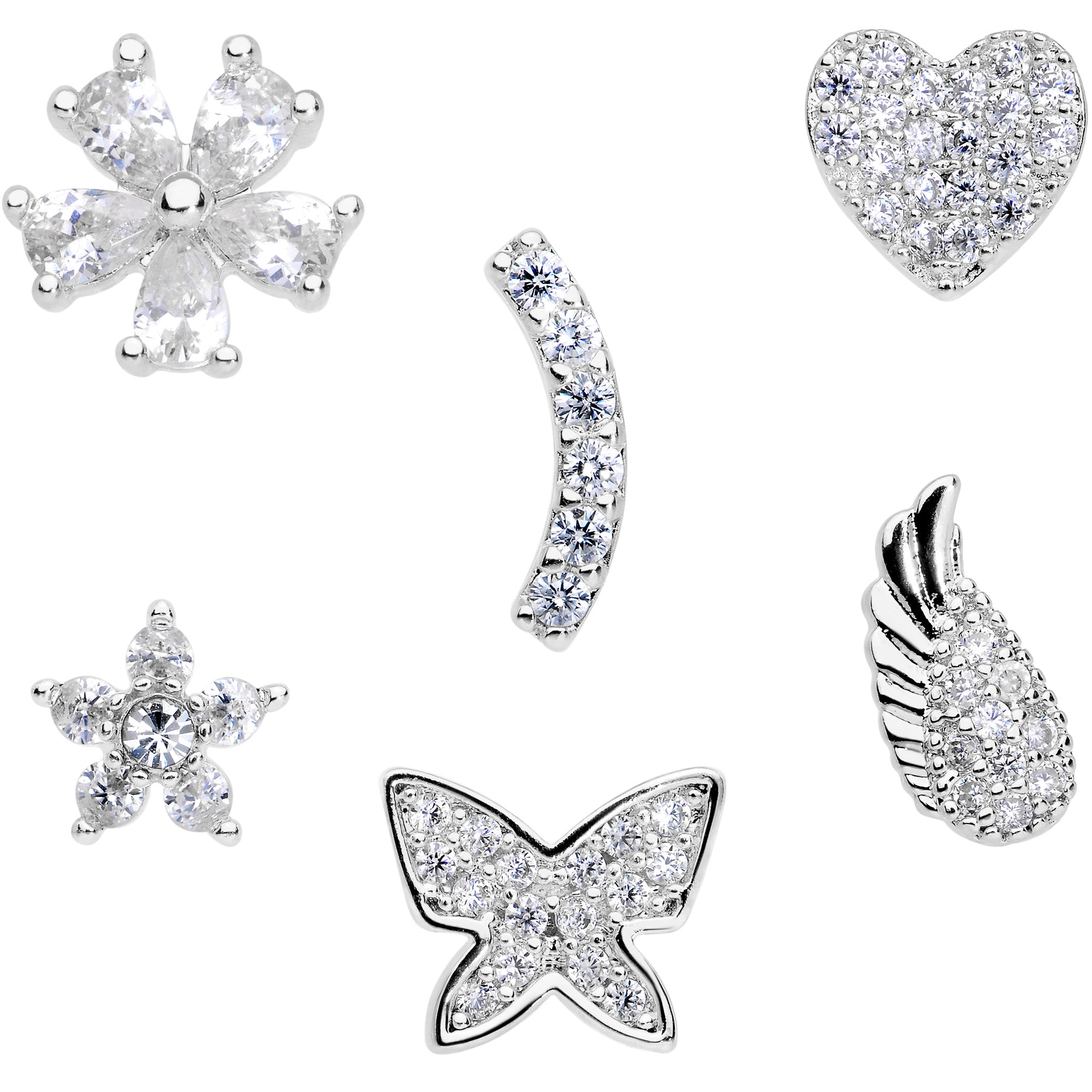 16G 1/4 CZ Gem Internal Thread Labret Tragus Set of 6