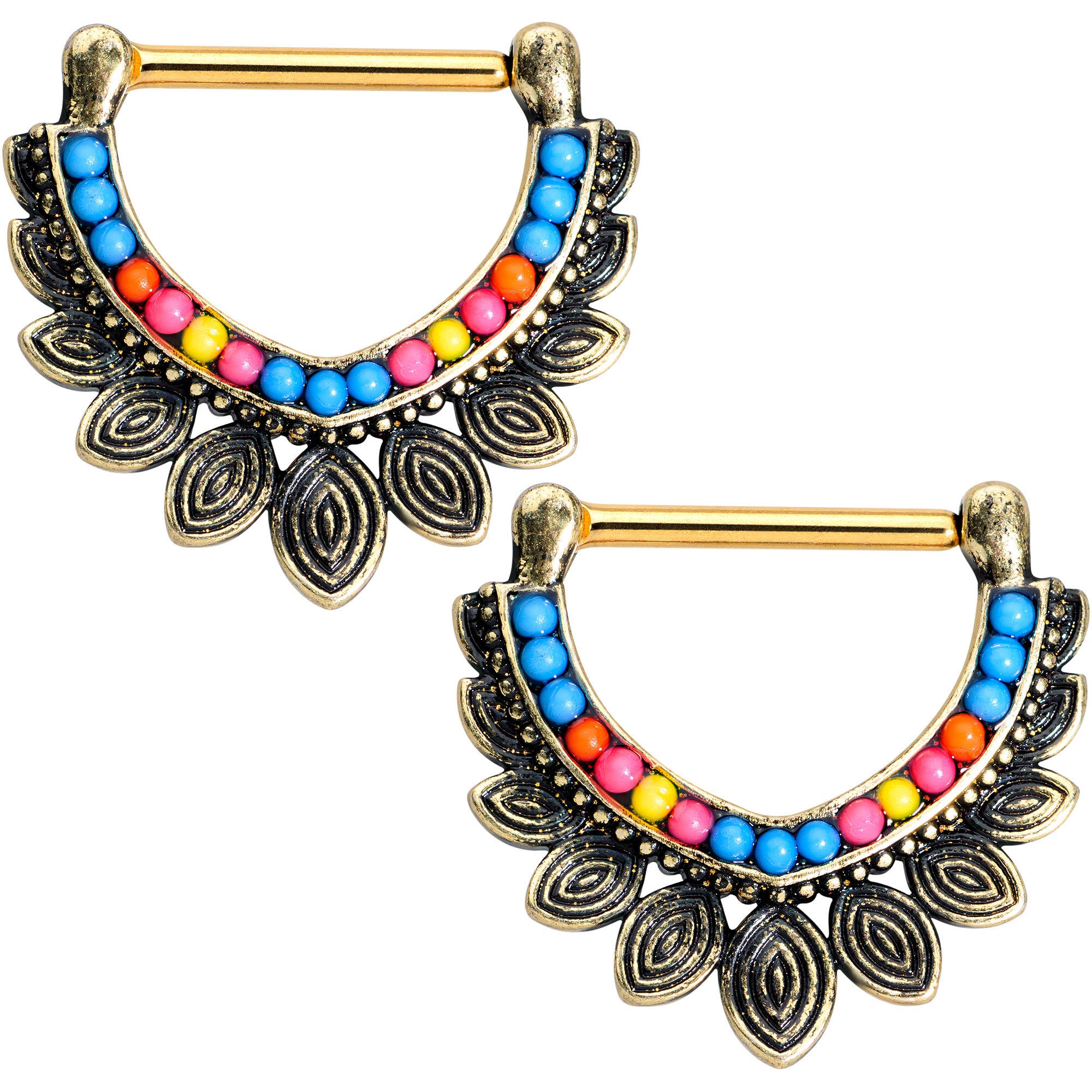 14G 9/16 Gold Tone Rainbow Crest Nipple Clicker Set